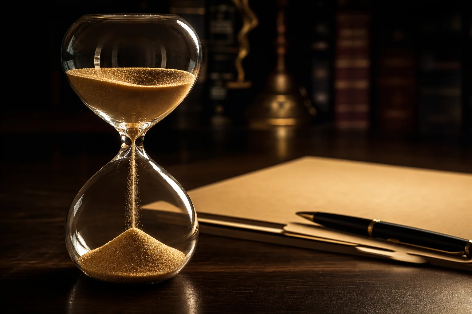 Hourglass with sand flowing on a desk beside legal documents, representing the importance of timing in a rear-end accident settlement