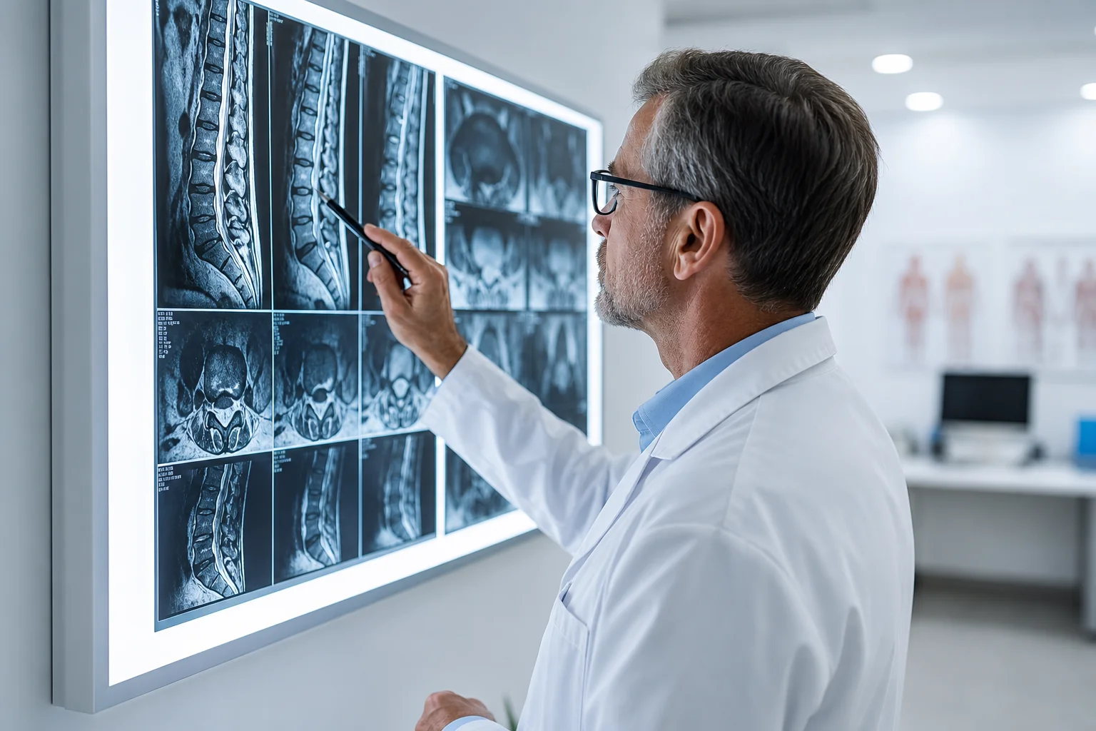 Medical professional examining spinal X-ray scans on a light board, reviewing injury evidence for a personal injury claim