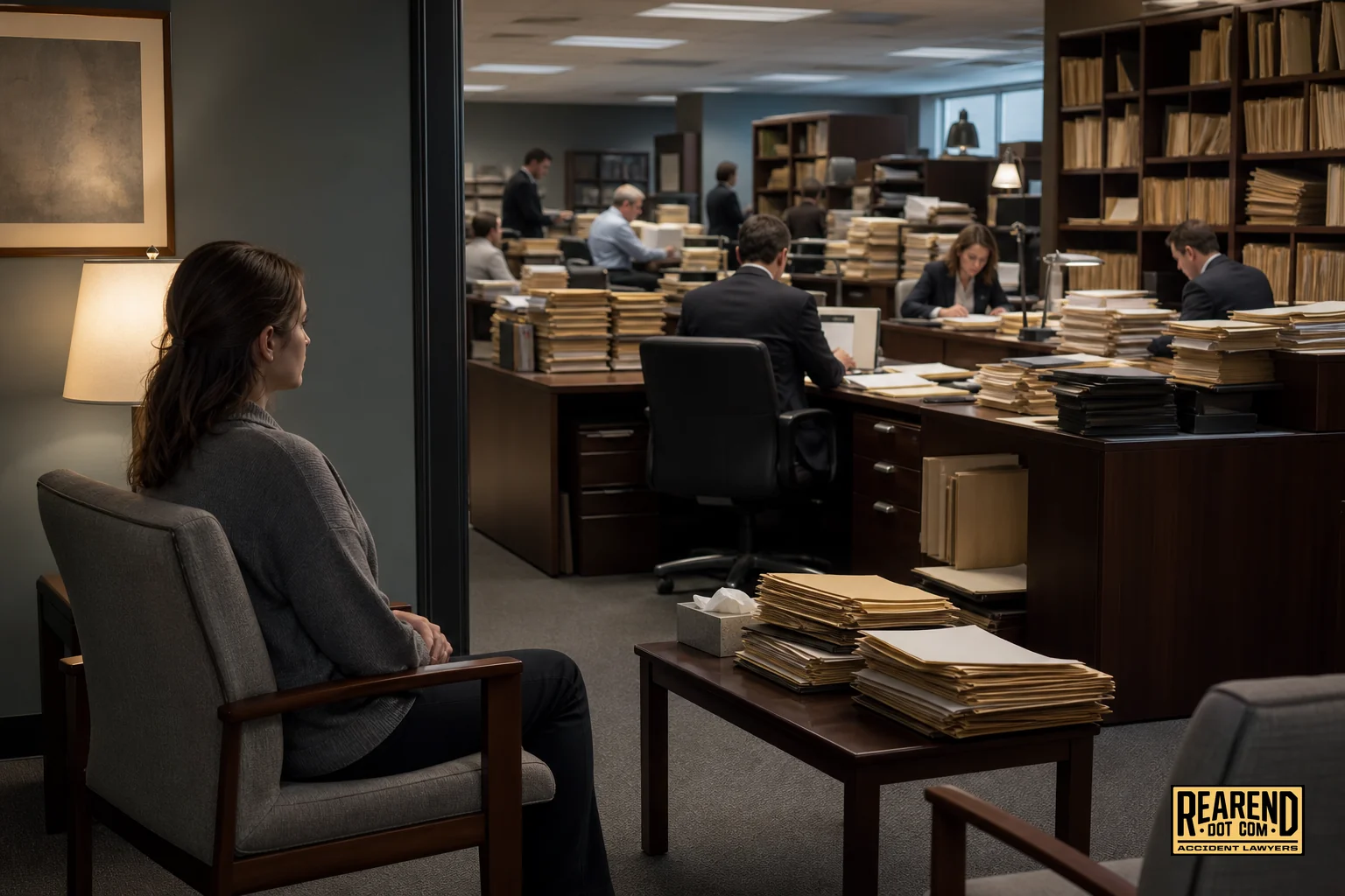 Client sitting alone in a busy law office surrounded by stacks of case files, feeling overlooked and underrepresented