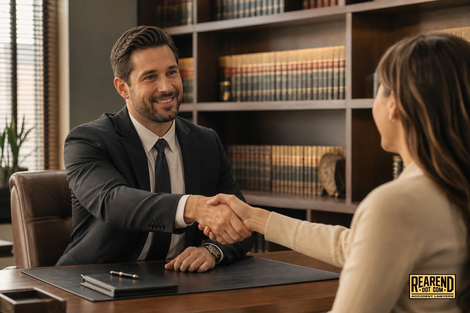 Client shaking hands with a new attorney across a desk, representing a confident fresh start in legal representation