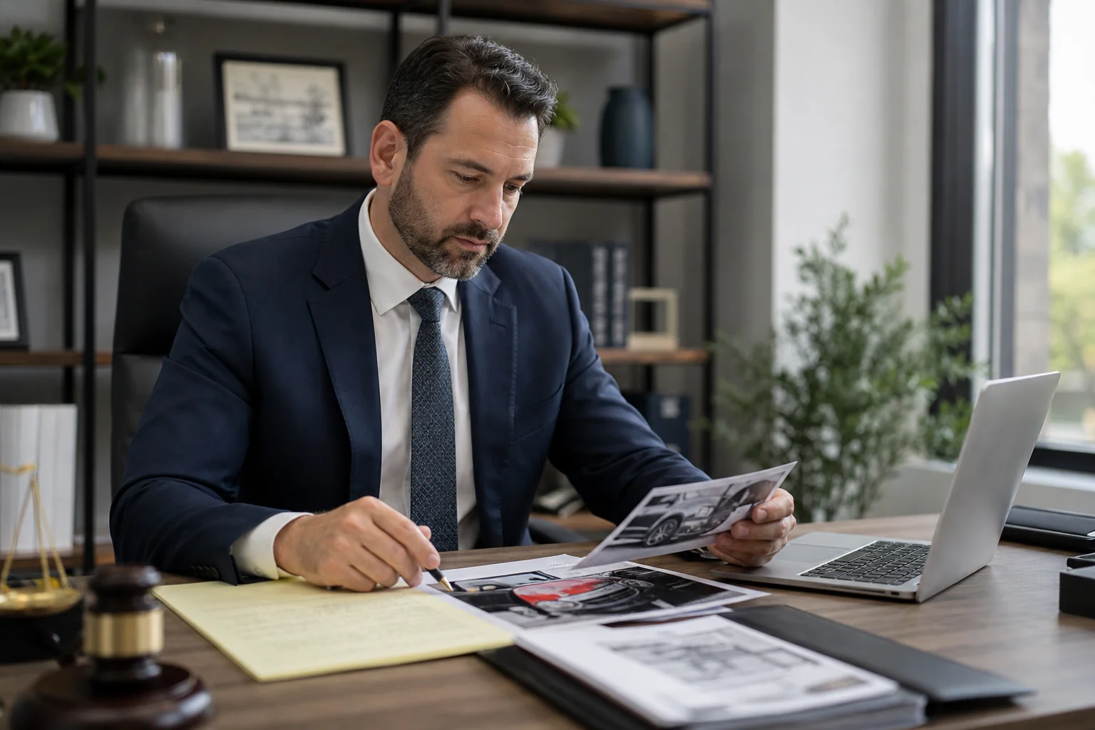 Personal injury attorney reviewing rear-end accident case documents in a modern law office