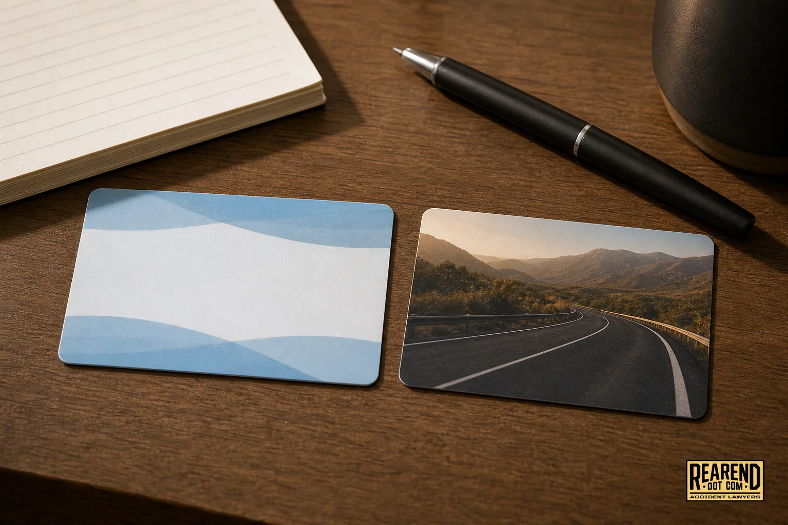 Close-up of a health insurance card and car insurance card side by side on a desk. photorealistic close-up photo of a health insurance card and an auto insurance card placed side by side on a wooden desk next to a pen and a small notepad
