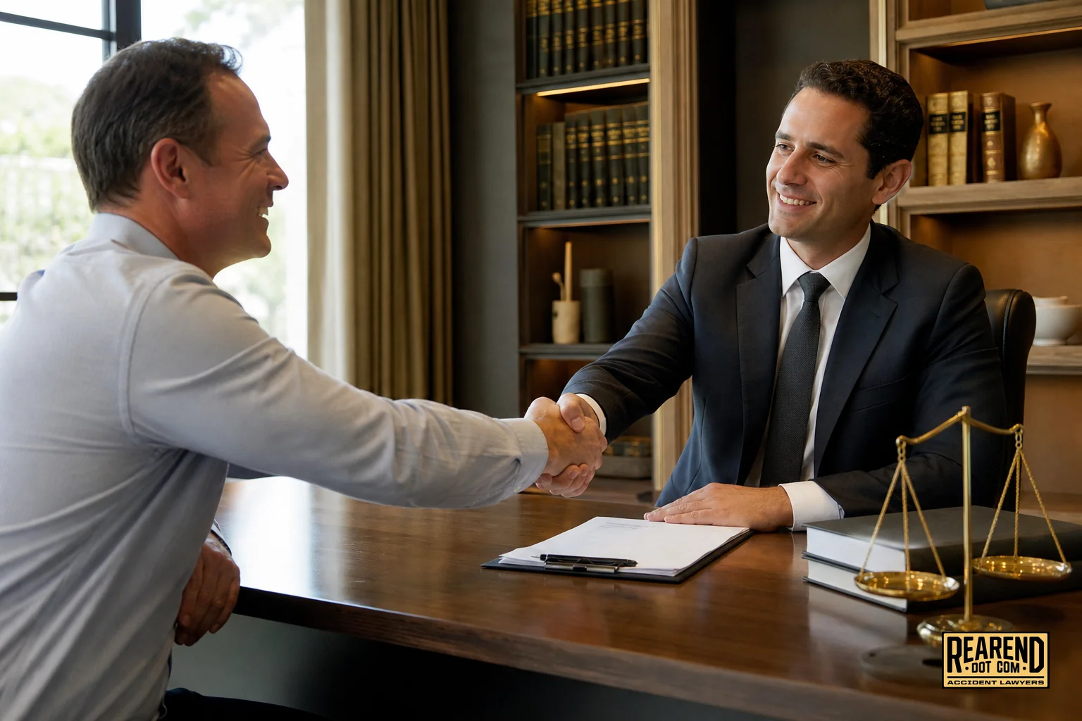 A relieved client shaking hands with an attorney after a consultation, symbolizing no upfront cost. photorealistic photo of a client and an attorney shaking hands across a desk in a modern law office, both smiling with relief and