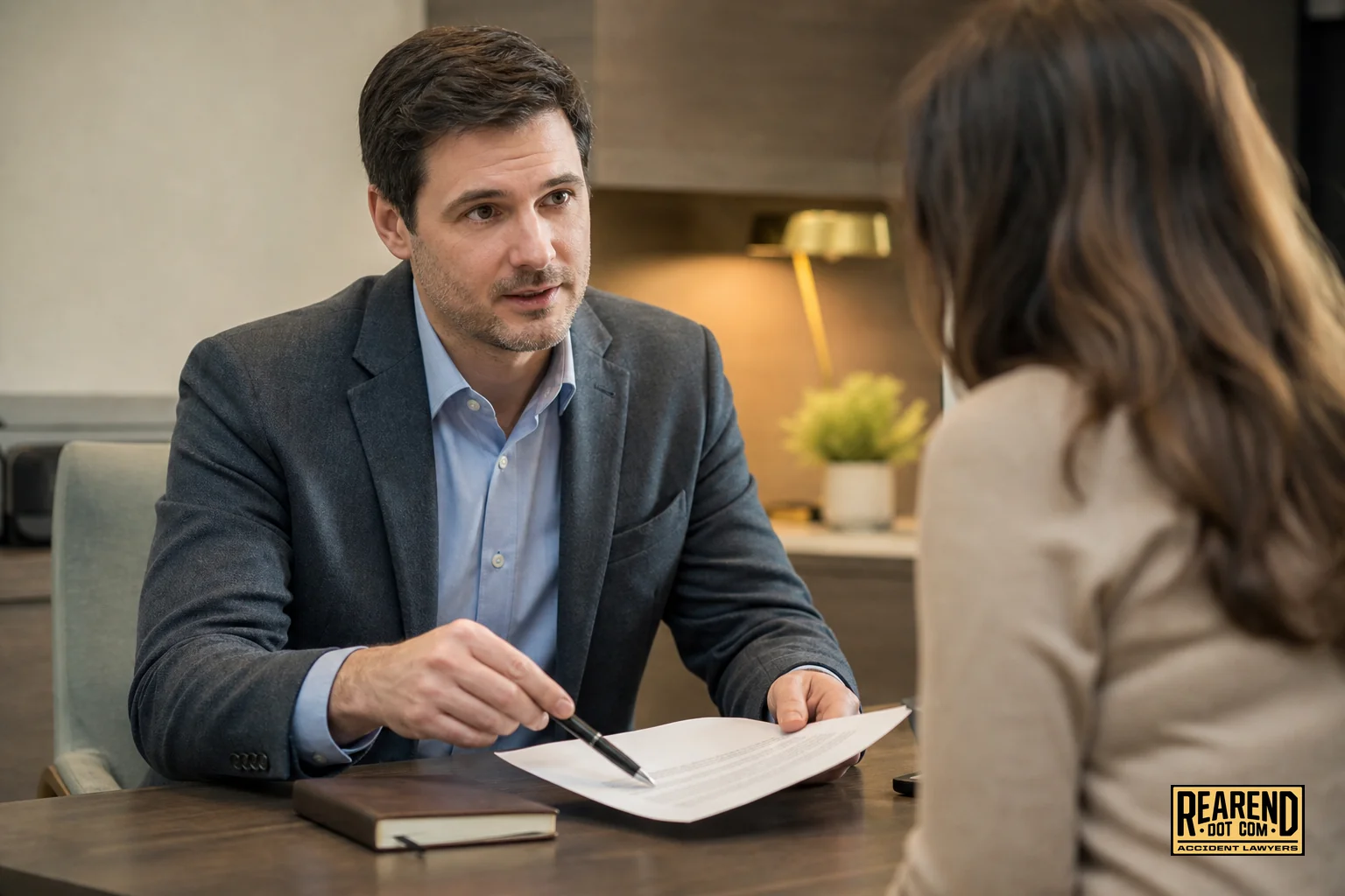An attorney reviewing documents with a client, explaining a lien or subrogation letter. photorealistic photo of an attorney in business casual attire sitting across a table from a client, pointing to a document and explaining it calmly