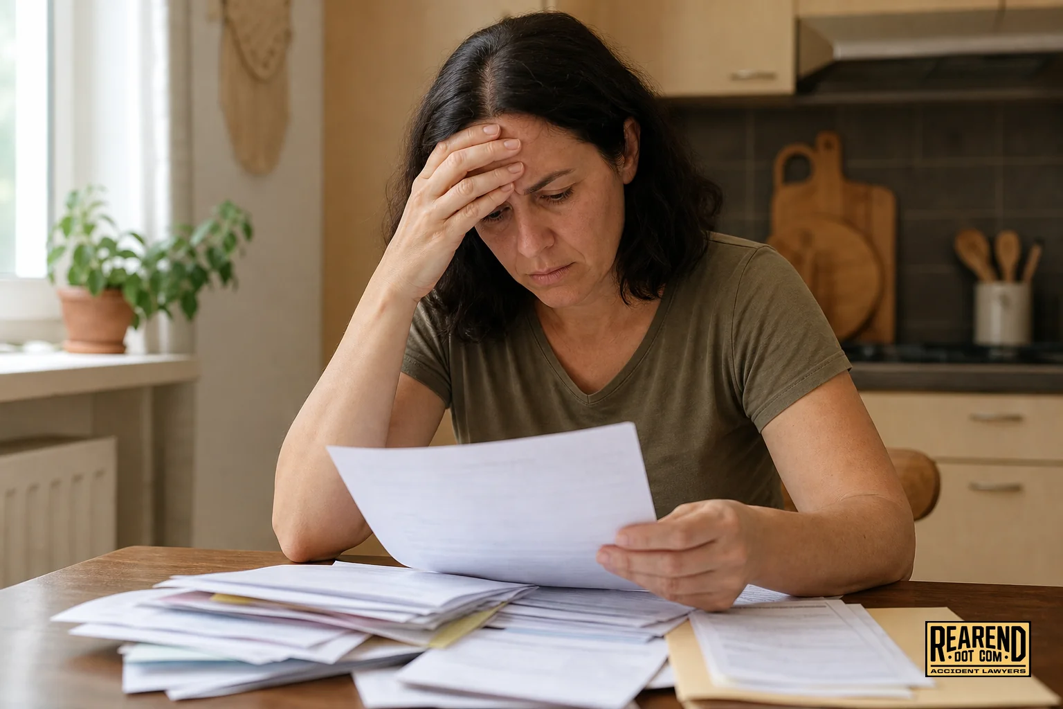 Person reviewing medical bills and insurance paperwork at a kitchen table after a rear-end accident