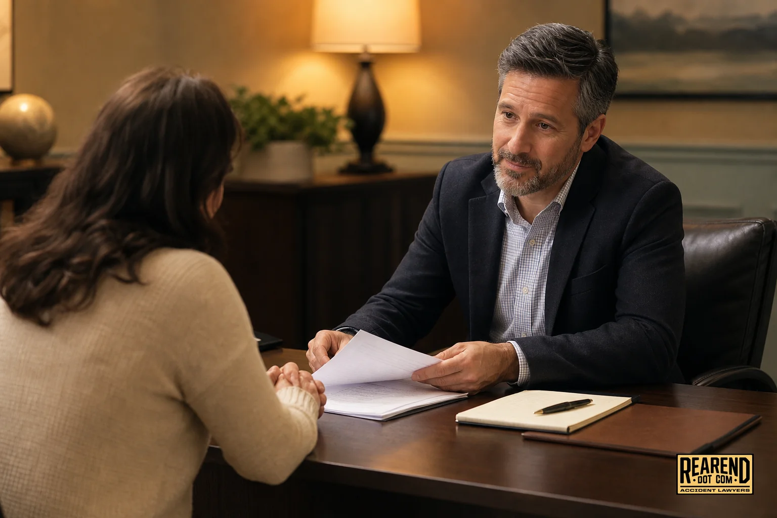 Attorney and client reviewing rear-end accident case documents together during a consultation