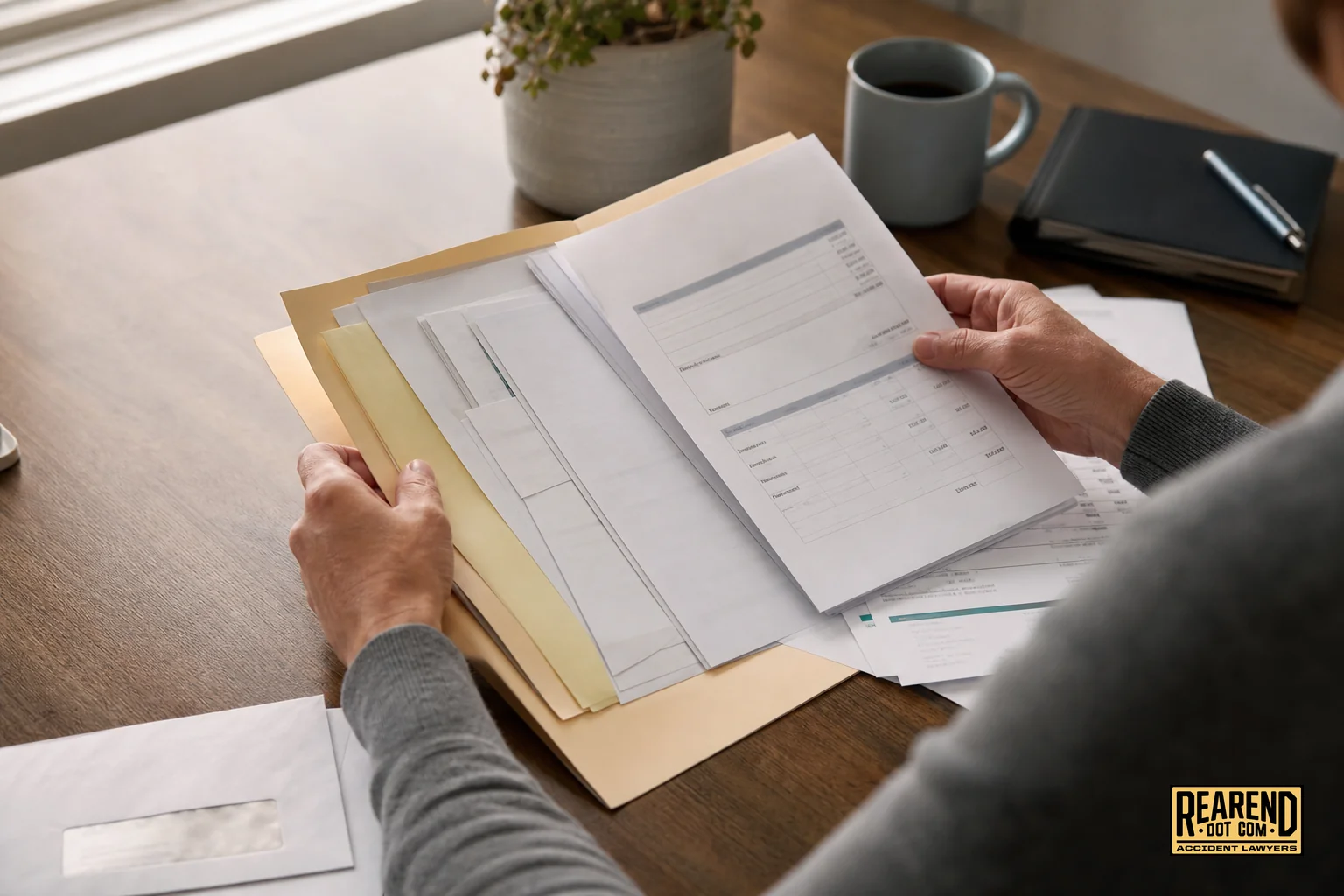 Person organizing accident documents and medical bills at a home desk. photorealistic, close-up over-the-shoulder shot of a person's hands organizing a folder of medical bills, repair estimates, and claim letters on a wooden desk, soft