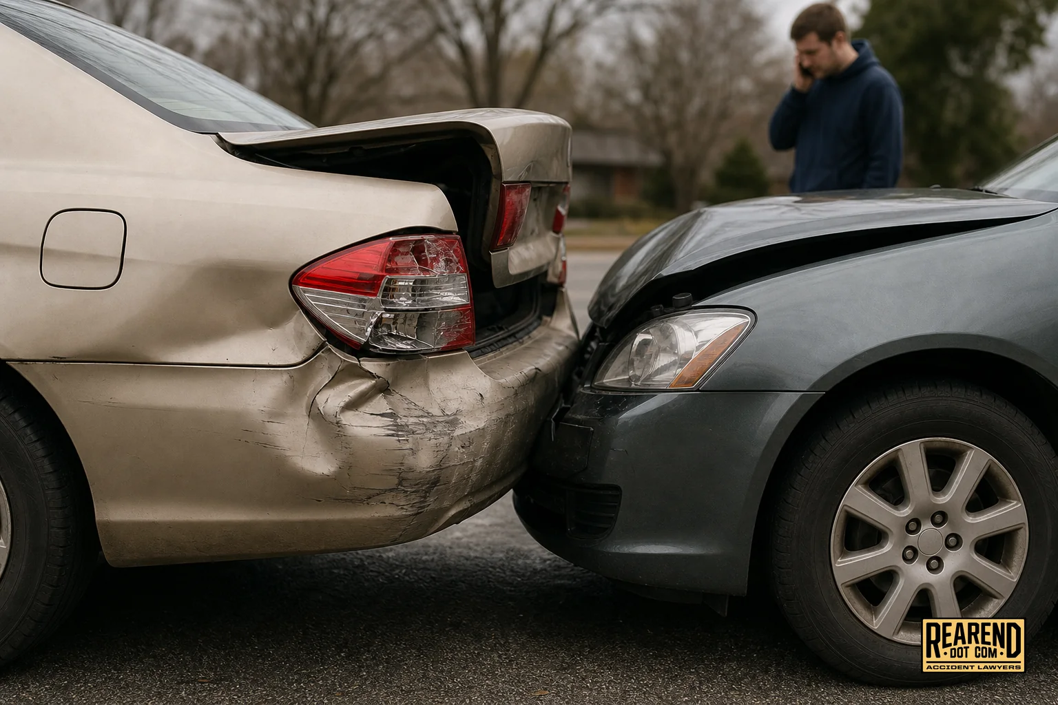 Close-up of two damaged cars after a rear-end collision on a street, illustrating the claim scenario. photorealistic photo of a rear-end car collision scene on a suburban street, close-up of crumpled rear bumper and cracked taillight