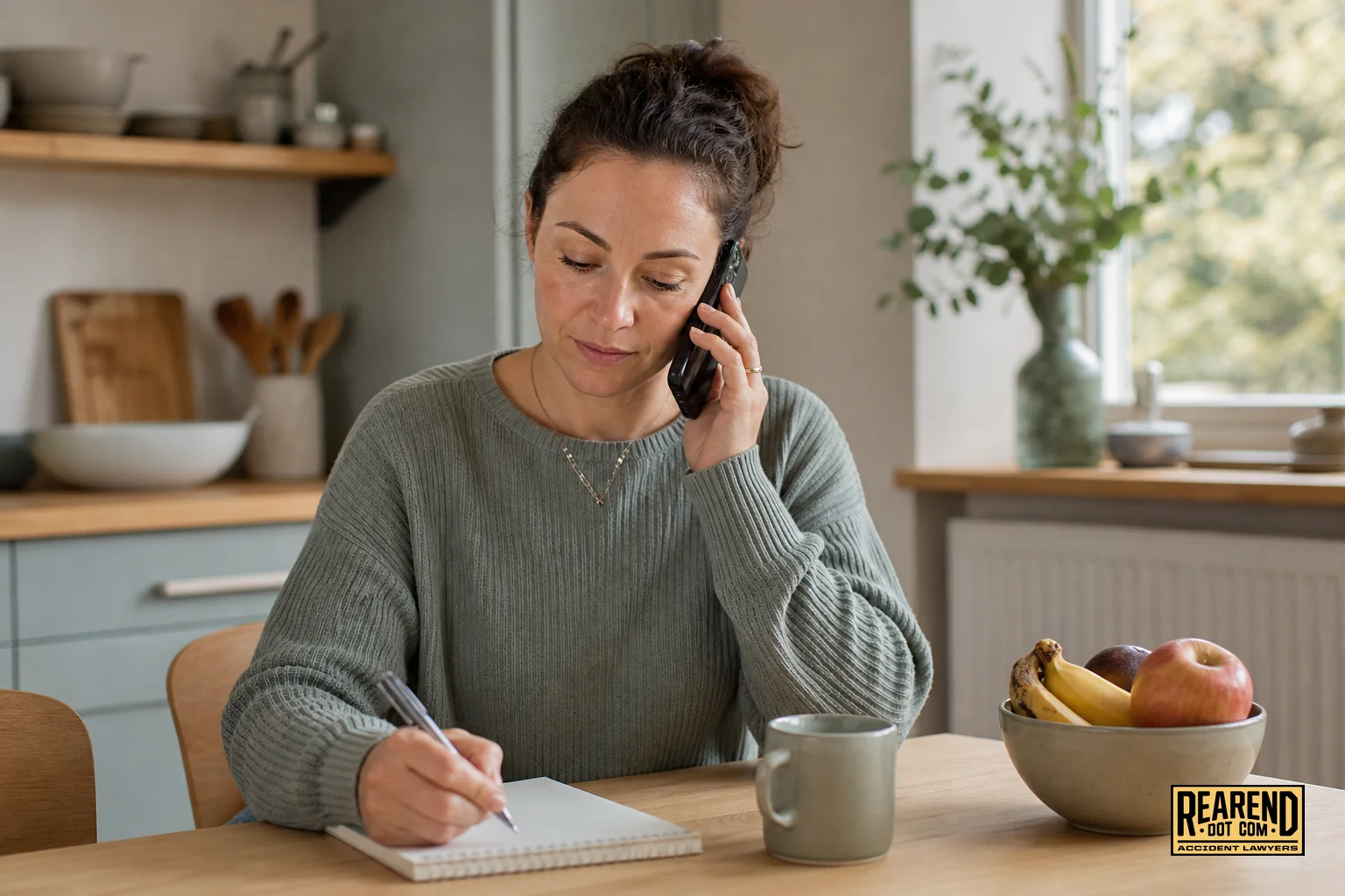 photorealistic photo of a woman sitting at a kitchen table holding a phone to her ear while writing notes on a notepad, calm concentrated expression, soft daylight through a window, color palette of muted teal-gray #7c8c8c and warm cream