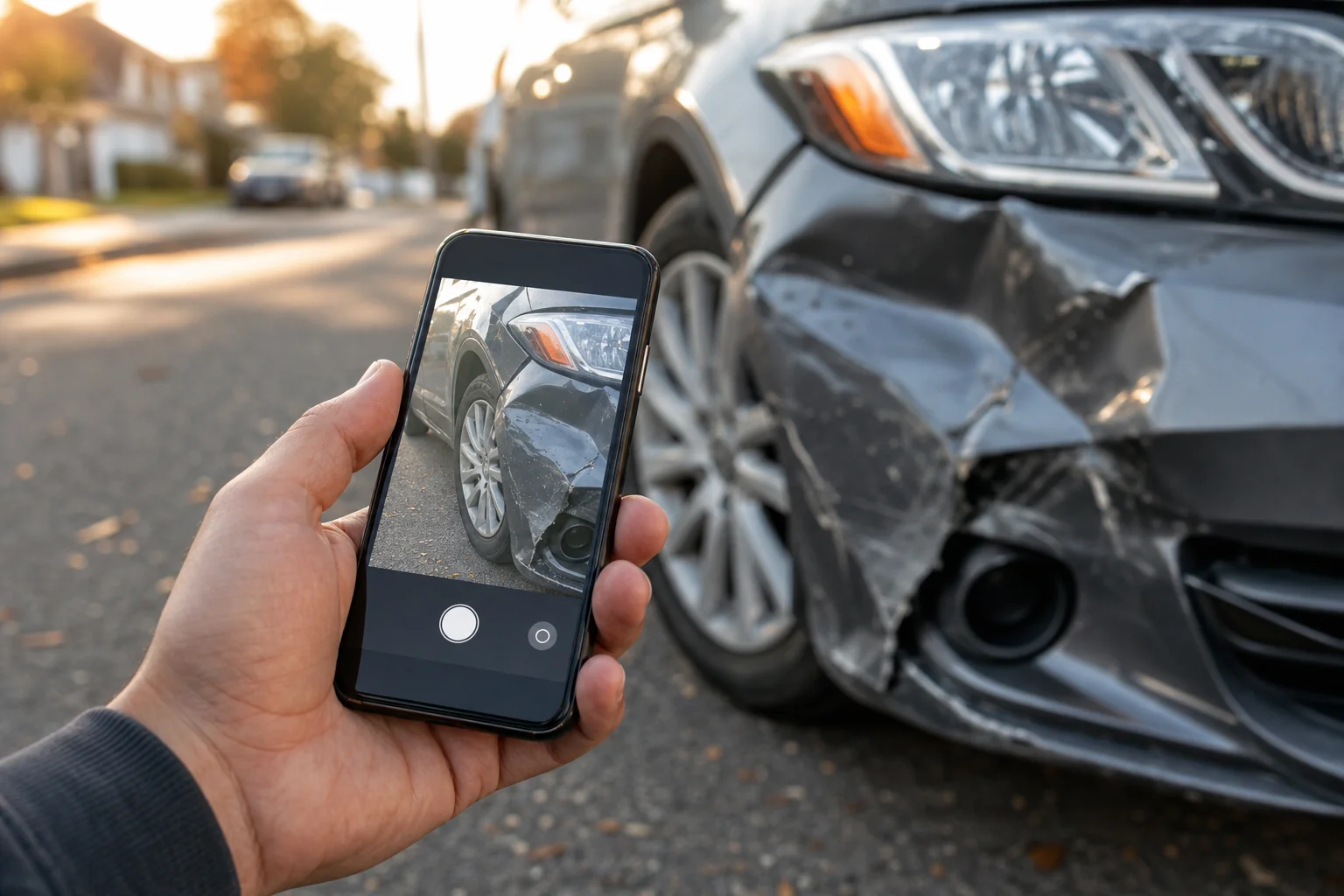 A person photographing car bumper damage with a smartphone after a rear-end accident