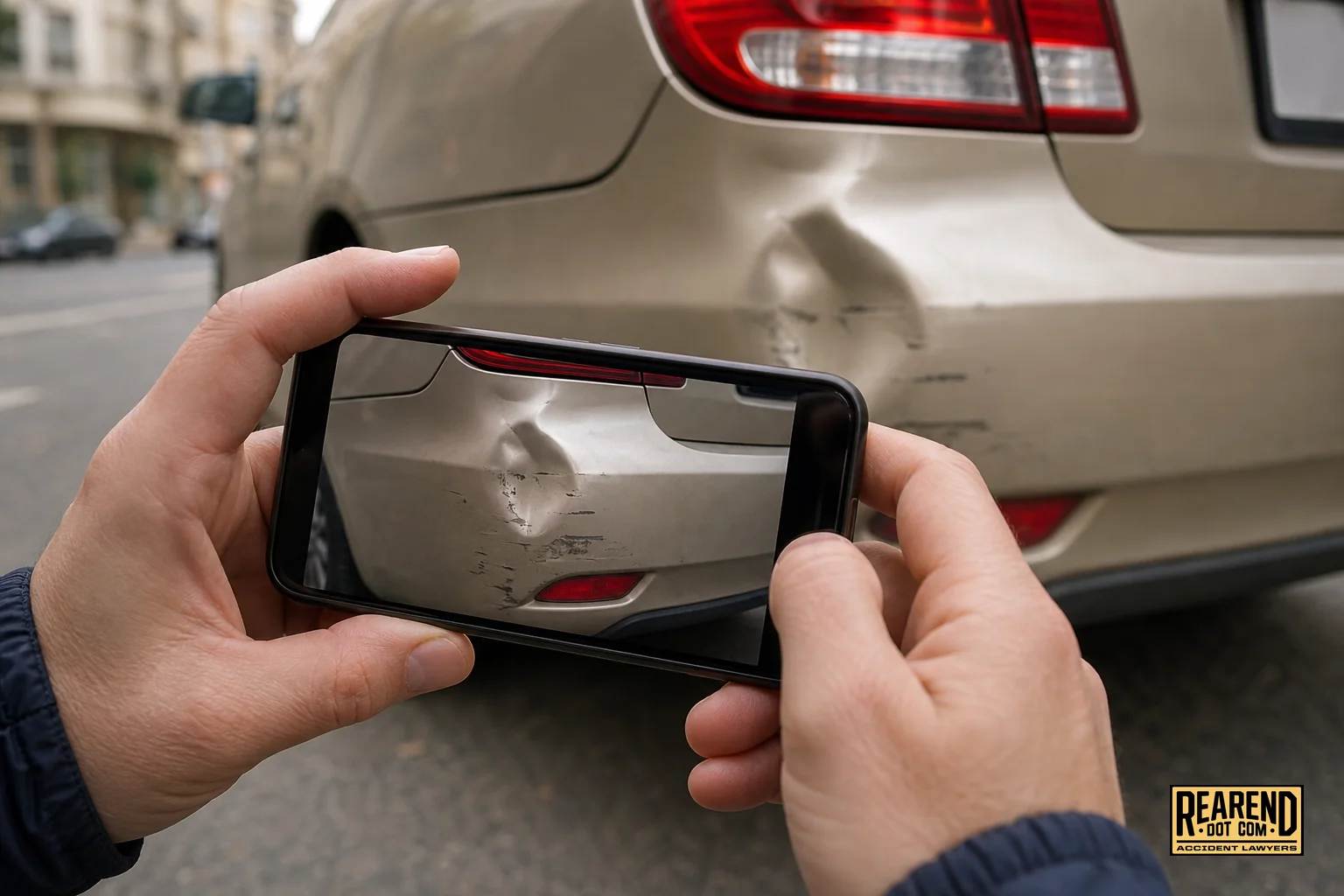 photorealistic photograph of a person's hands holding a smartphone taking a photo of a dented rear bumper after a minor collision, daytime urban street background softly blurred, muted earthy color palette with beige and slate gray tones