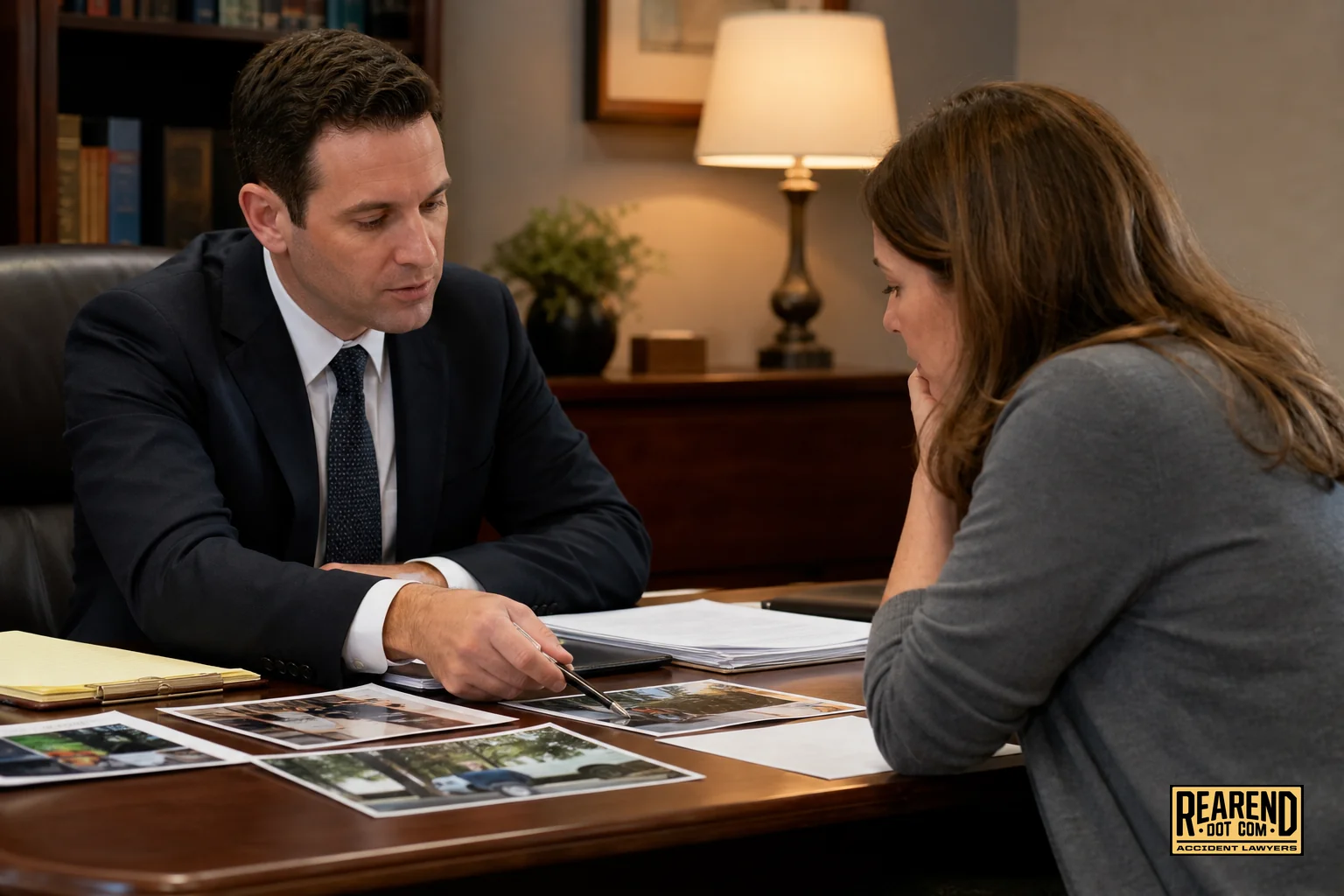 Attorney and client reviewing case documents and photos at a desk. photorealistic photograph of an attorney in business attire sitting across a desk from a client, both reviewing printed photos and documents spread out, warm neutral office