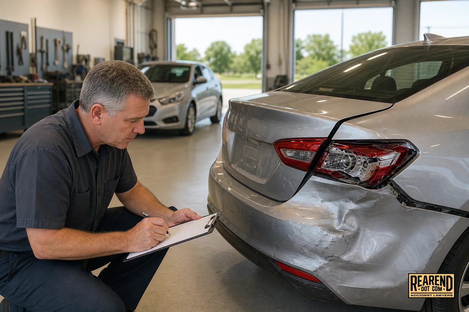 Close-up of a damaged rear bumper being assessed at an auto body shop, with a rental car in the background. Photorealistic photo of a mechanic in a clean auto body shop inspecting a crumpled rear bumper and taillight of a sedan, clipboard