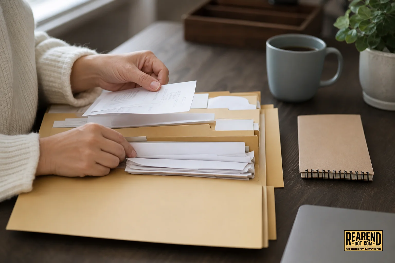 Photorealistic photo of hands organizing a labeled folder of receipts, medical statements, and a small notebook on a home desk, soft natural window light, color palette featuring warm beige #e0c08f folder and muted dark brown #443f33 desk