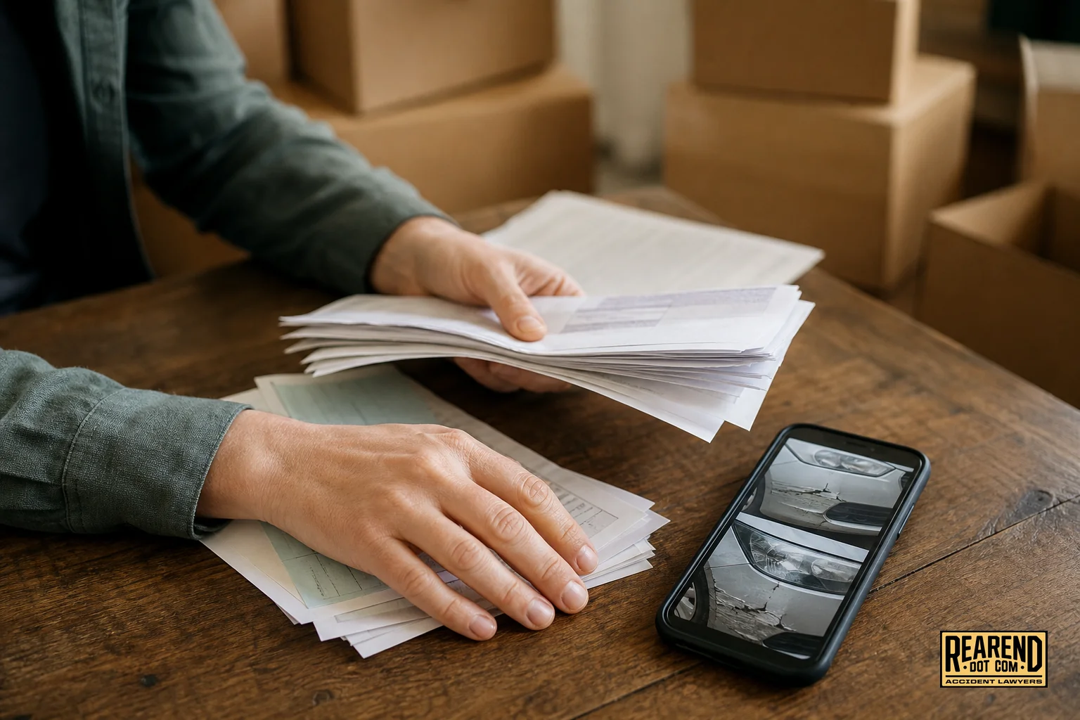 Close-up of hands organizing accident documents, photos, and a phone with photos of vehicle damage before a move. photorealistic close-up photograph: hands organizing a stack of printed documents, insurance forms, and a smartphone