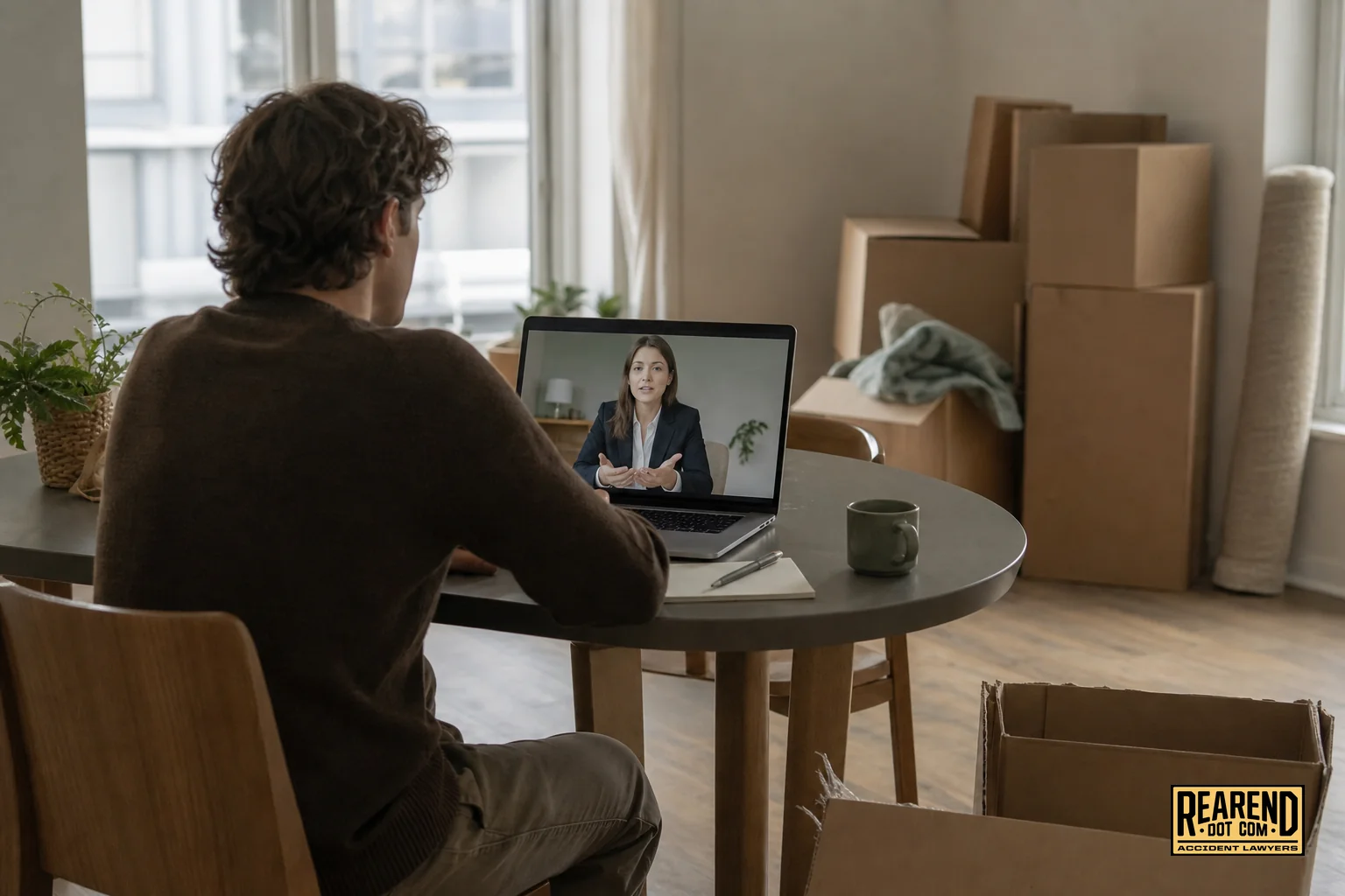 A person on a video call with an attorney from a new location, laptop and moving boxes visible. photorealistic image: a person sits at a small table in a partially unpacked new apartment, surrounded by moving boxes, having a video call on a