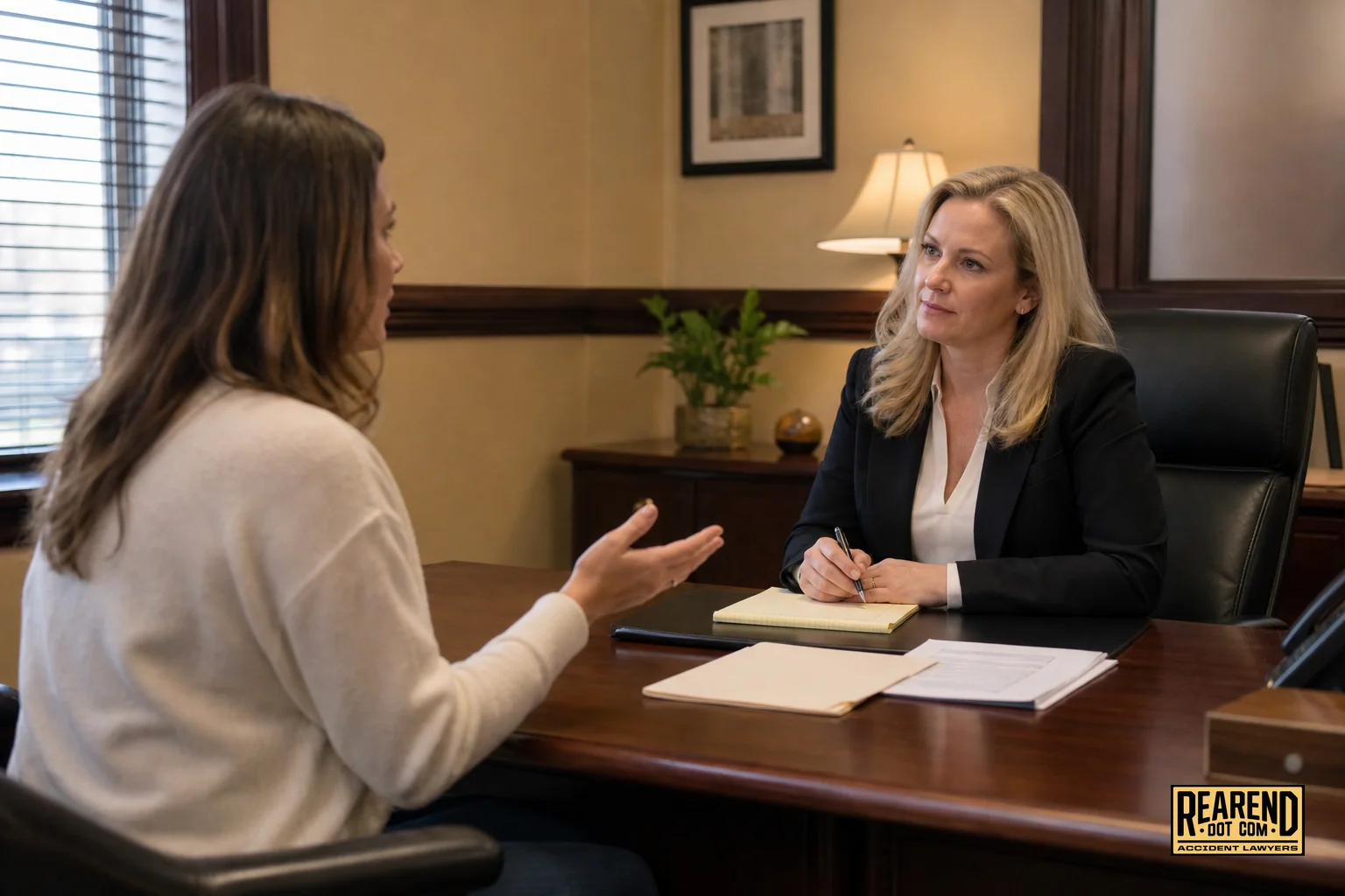 A consultation scene between a potential client and an attorney across a desk, client appears engaged and asking questions. photorealistic photo: a woman sitting across a desk from an attorney in a modest, well-lit office, both engaged in