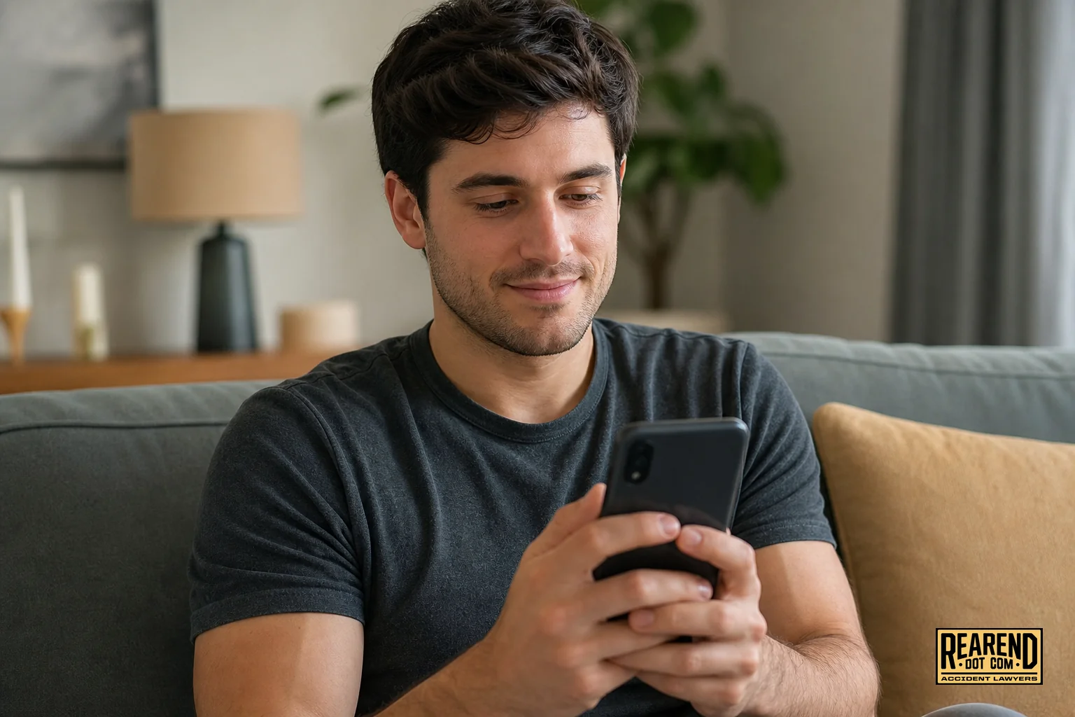 photorealistic photo: a young man sitting on a couch at home looking at his smartphone with a slight look of relief, soft indoor lighting, muted gray-green (#7c8c8c) and tan (#e0c08f) color accents in the background furnishings, natural