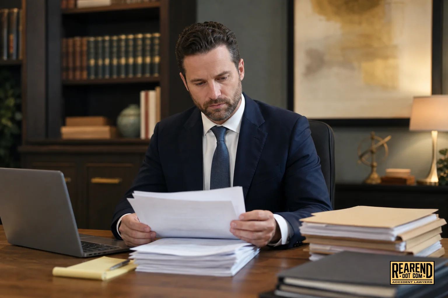Attorney reviewing rear-end collision case files and medical records at a desk