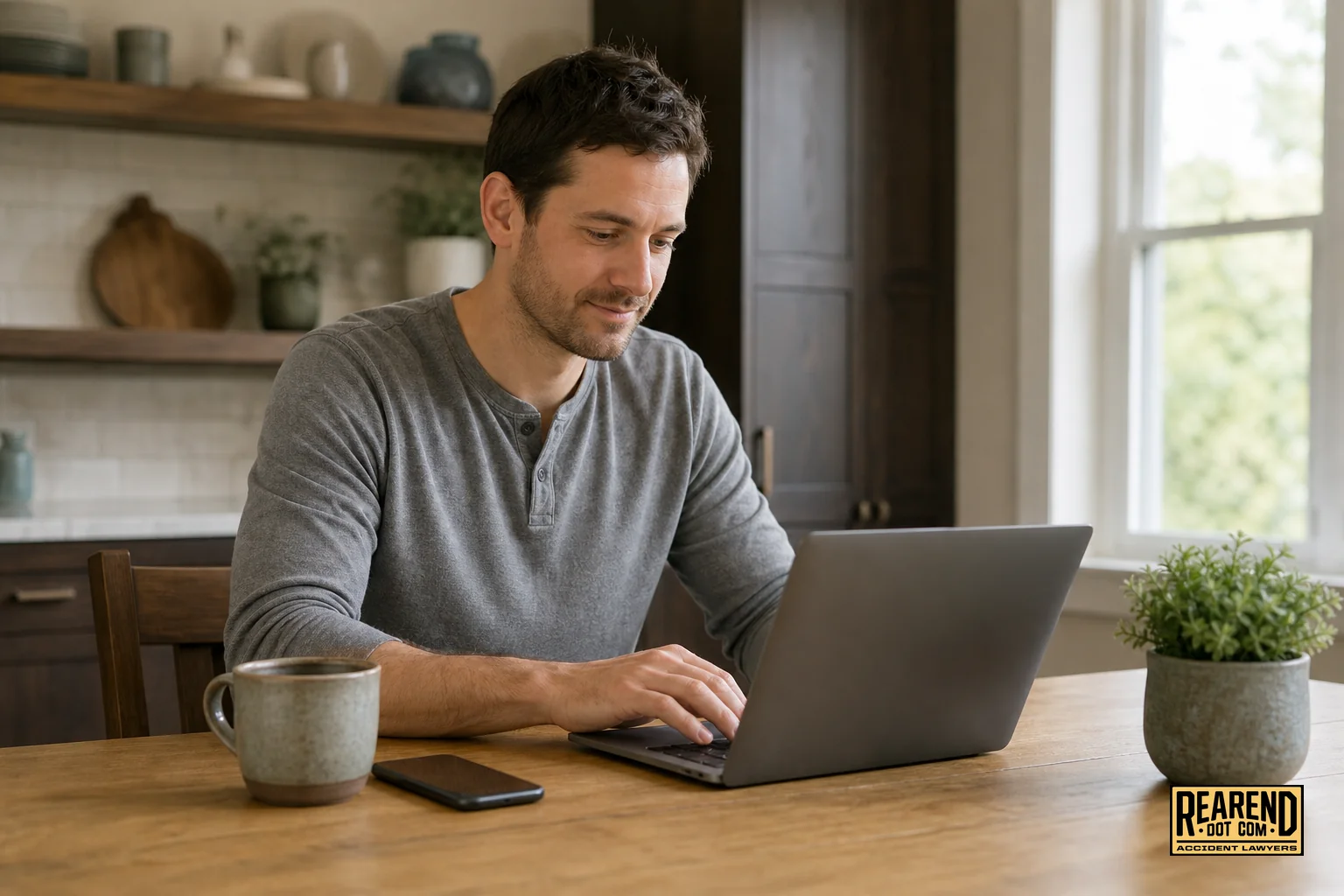 Person completing a free online rear-end accident case evaluation form from home