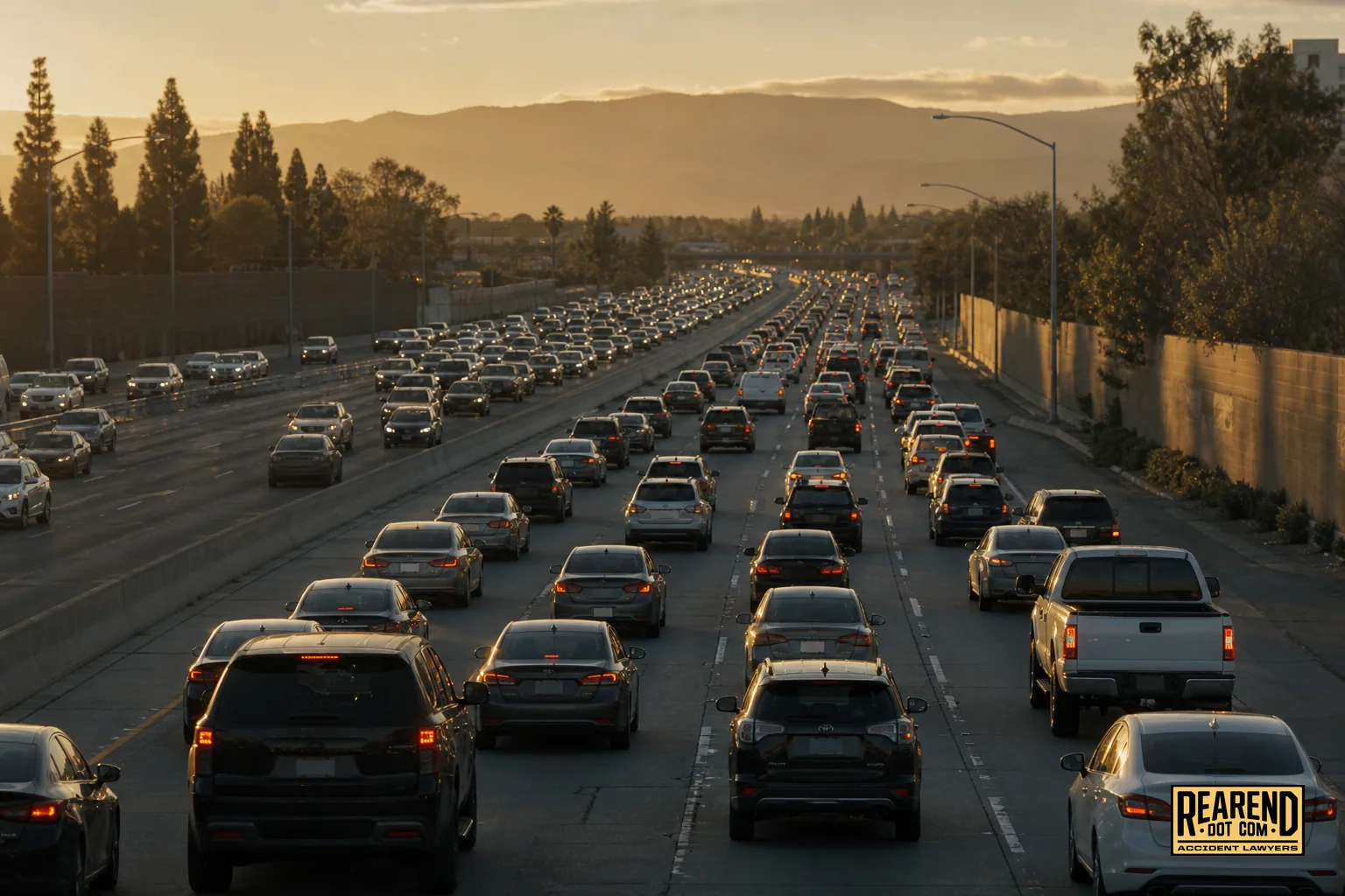 Dense multi-lane highway traffic in a San Jose commuter corridor during golden hour