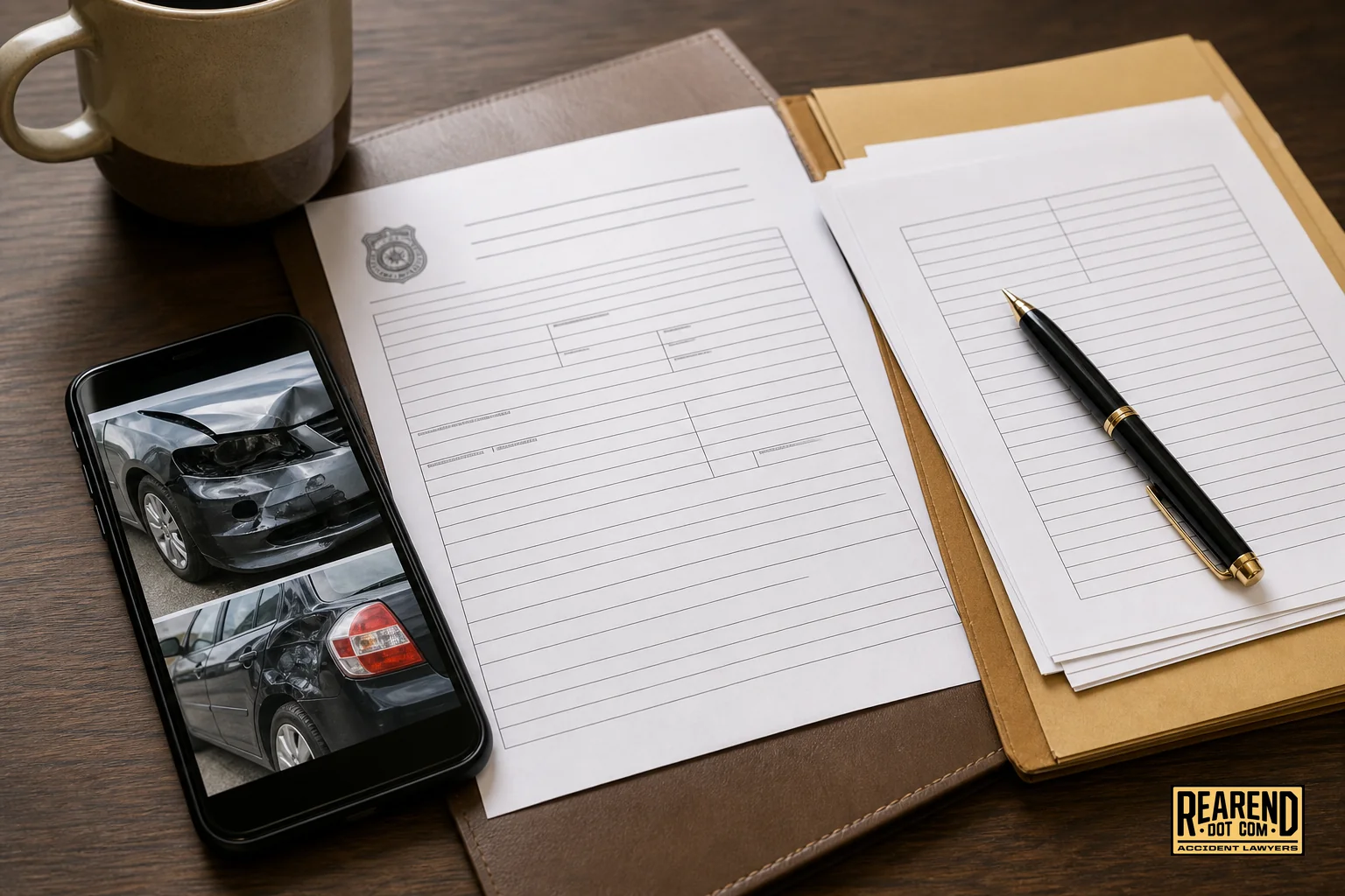 Close-up of documents and a smartphone showing accident photos, organized on a table. Photorealistic close-up photo of a table with a smartphone displaying car accident damage photos, a printed police report, and insurance papers neatly