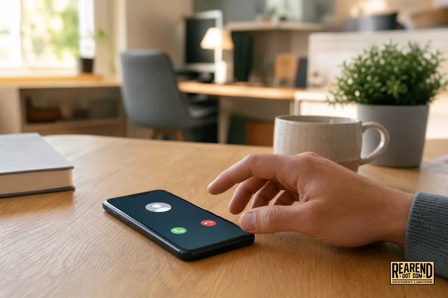 Photorealistic photo of a smartphone on a wooden desk showing an incoming call notification, with a person's hand reaching to answer it, blurred background of a bright home office, warm color grading using tan (#e0c08f) and slate gray