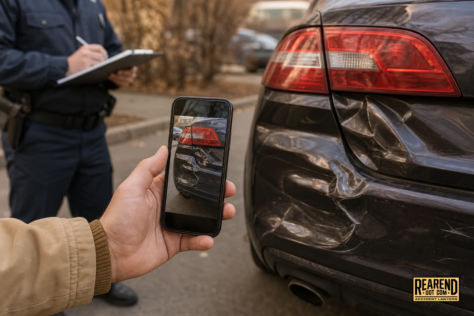 A person photographing rear-end vehicle damage at an accident scene while a police officer documents the collision