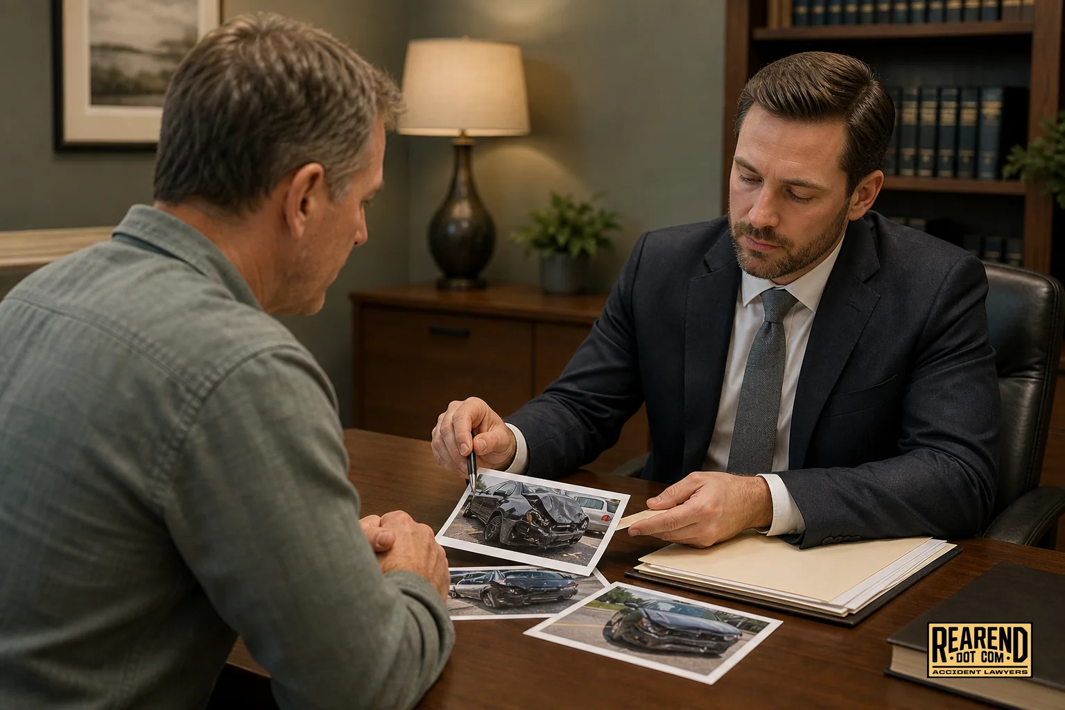 An attorney reviewing accident photos and documents with a client at a desk during a rear-end accident case consultation