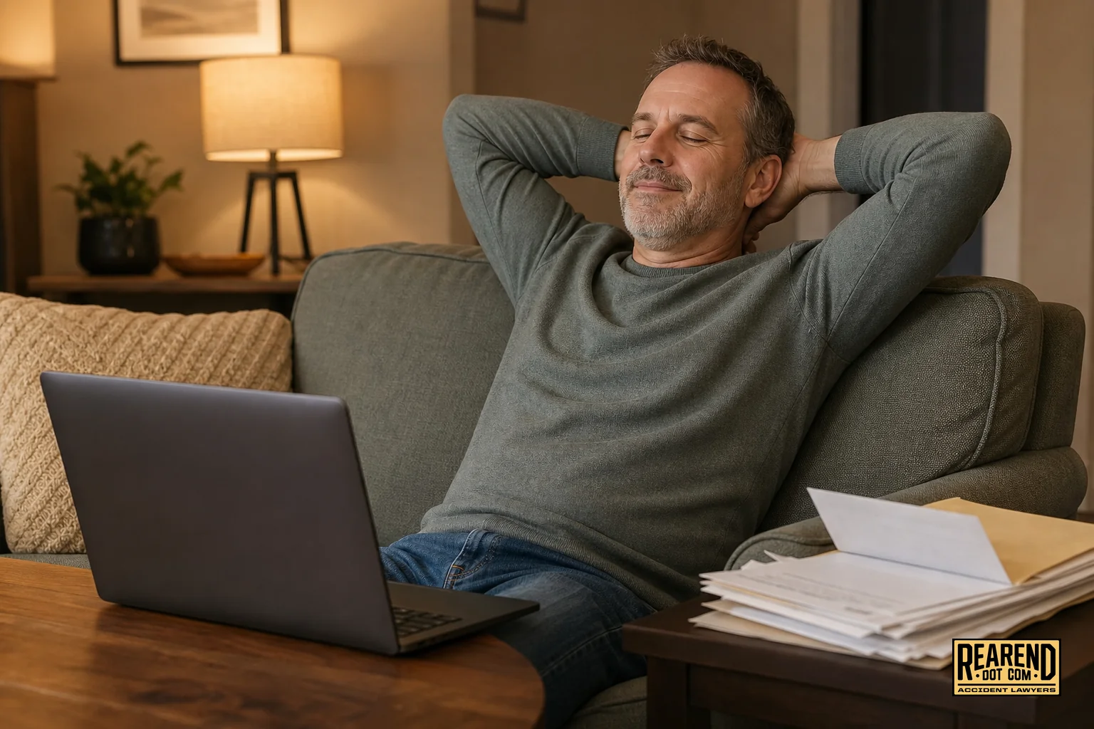 Photorealistic photo of a middle-aged man sitting on a couch at home, exhaling in visible relief while looking at a laptop screen showing a simple online form (no readable text), with a small stack of medical bills and an insurance letter