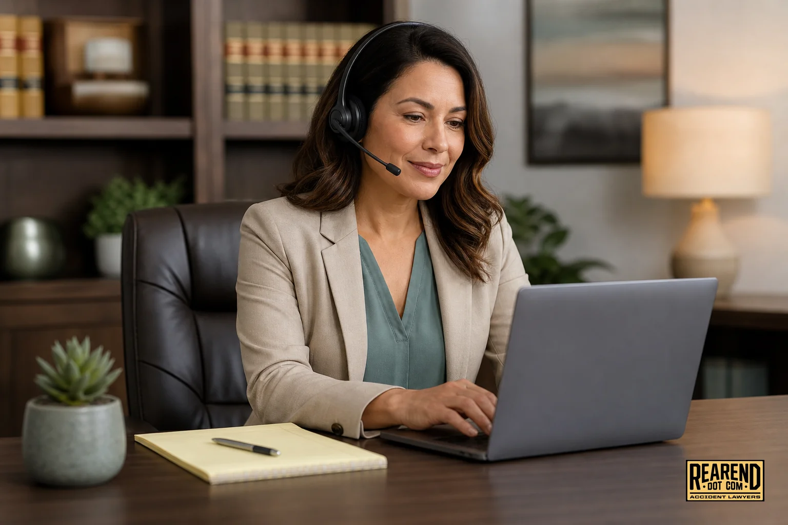 Photorealistic photo of a professional legal intake specialist in a modern office, wearing business casual attire, speaking on a headset while typing notes on a laptop, with a notepad and pen nearby. Soft office lighting, shallow depth of