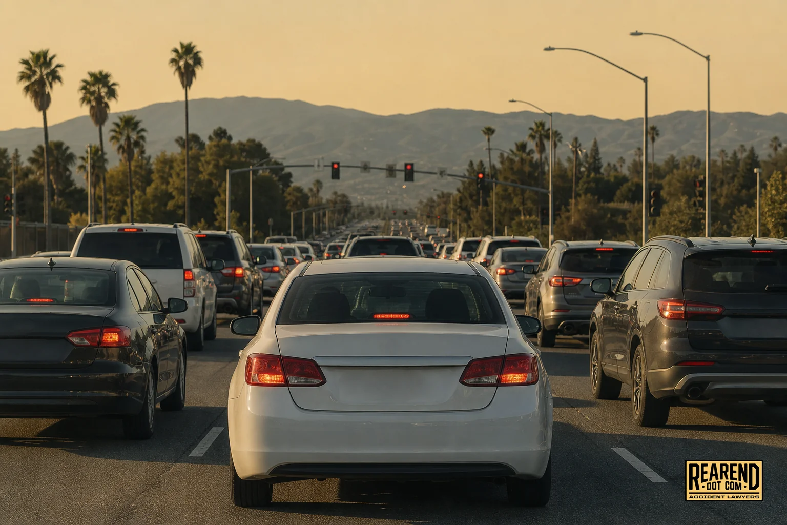 Traffic on a San Jose freeway or expressway, representing the local setting of rear-end collisions. Photorealistic photo of afternoon traffic on a multi-lane California expressway resembling San Jose's Capitol Expressway, with palm trees