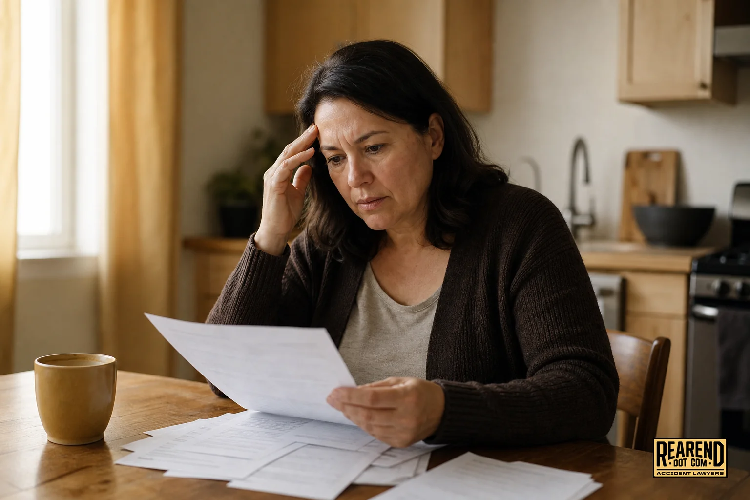 A person reviewing paperwork and medical bills at a kitchen table after a rear-end accident, looking stressed but composed. photorealistic photo of a middle-aged person sitting at a kitchen table reviewing insurance paperwork and medical