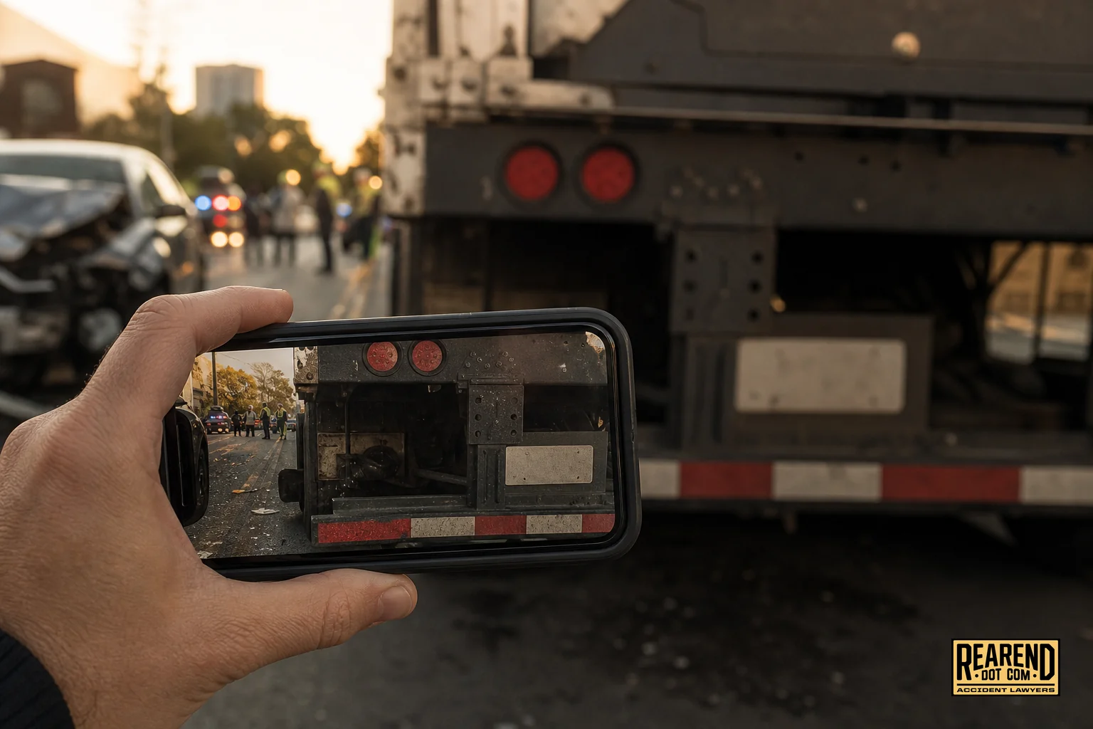 Close-up of a hand documenting truck accident scene evidence with a smartphone. Photorealistic close-up photo of a person's hand holding a smartphone photographing the rear license plate and DOT number area of a commercial truck at an