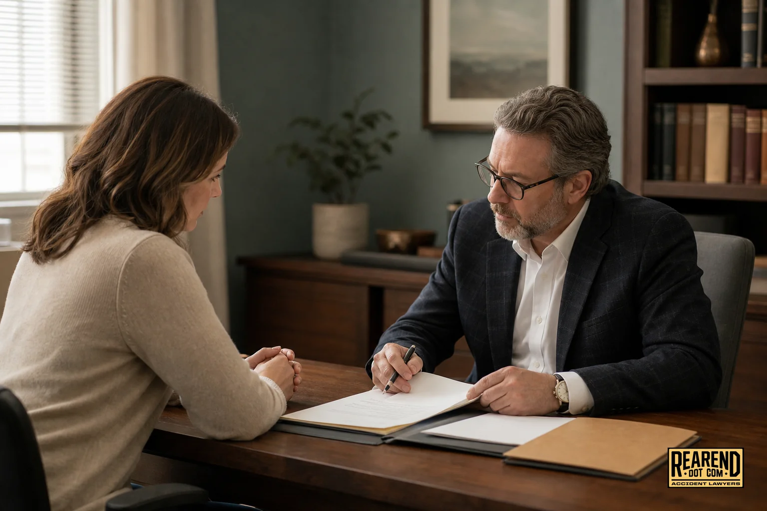 An attorney and client reviewing paperwork together in a calm office setting. Photorealistic photo of an attorney and a client sitting across a wooden desk reviewing documents together in a warmly lit office, muted teal-gray and beige color