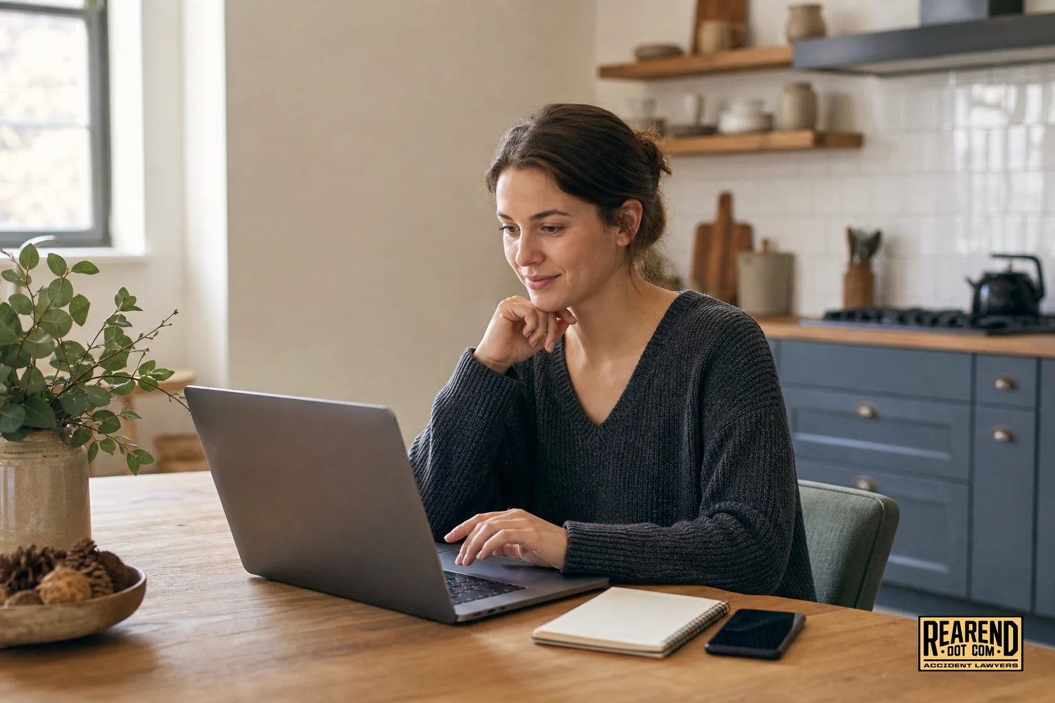 Close-up of a person filling out an online intake form on a laptop at home, calm and focused. photorealistic photo of a person sitting at a kitchen table filling out an online legal intake form on a laptop, soft natural daylight, warm