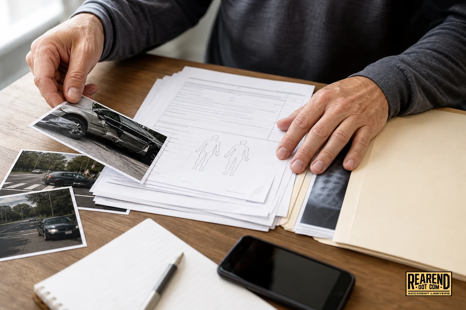 Person organizing accident documents like photos and medical papers on a table before a call. photorealistic photo of hands organizing accident-related documents, printed photos, and a medical folder on a wooden table, soft daylight, warm