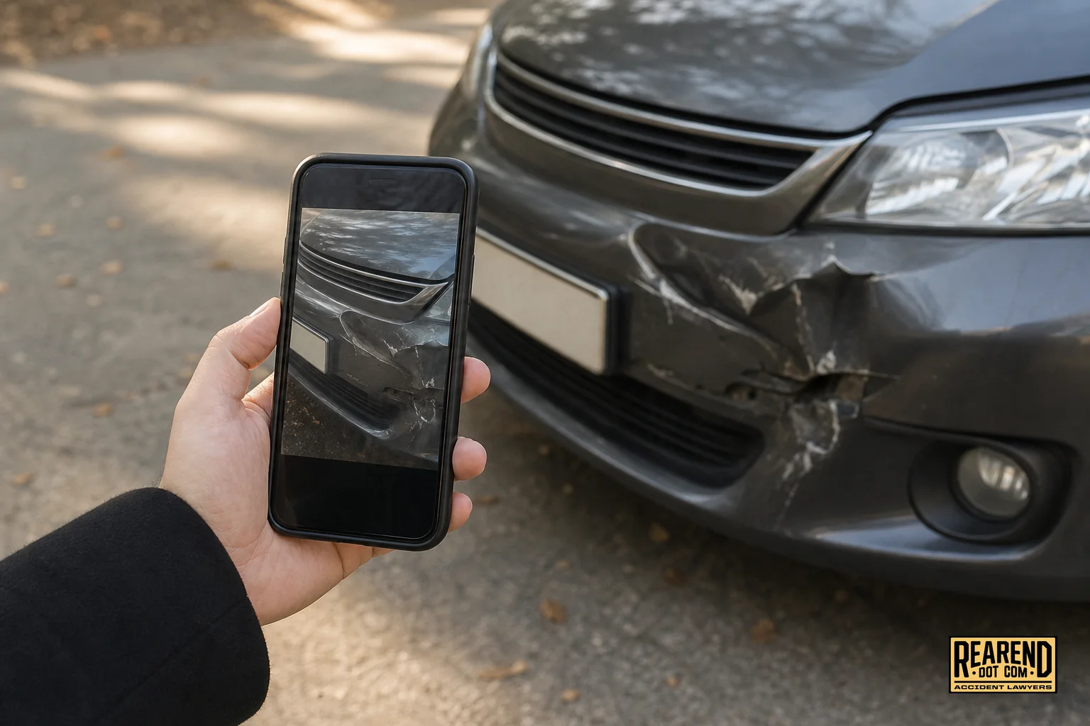Close-up of a hand holding a smartphone photographing car damage and a license plate at an accident scene. photorealistic close-up photo of a hand holding a smartphone taking a picture of a dented car bumper and license plate on a paved