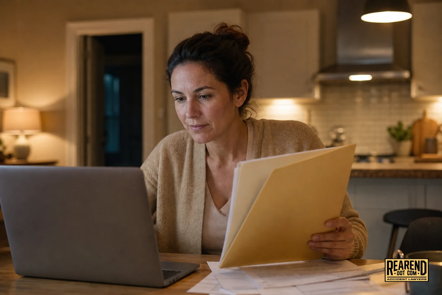photorealistic photo of a person sitting at a home kitchen table in the evening, looking at a laptop screen and holding a folder of insurance papers, warm ambient lighting in beige and soft brown tones matching #e0c08f and #443f33, calm