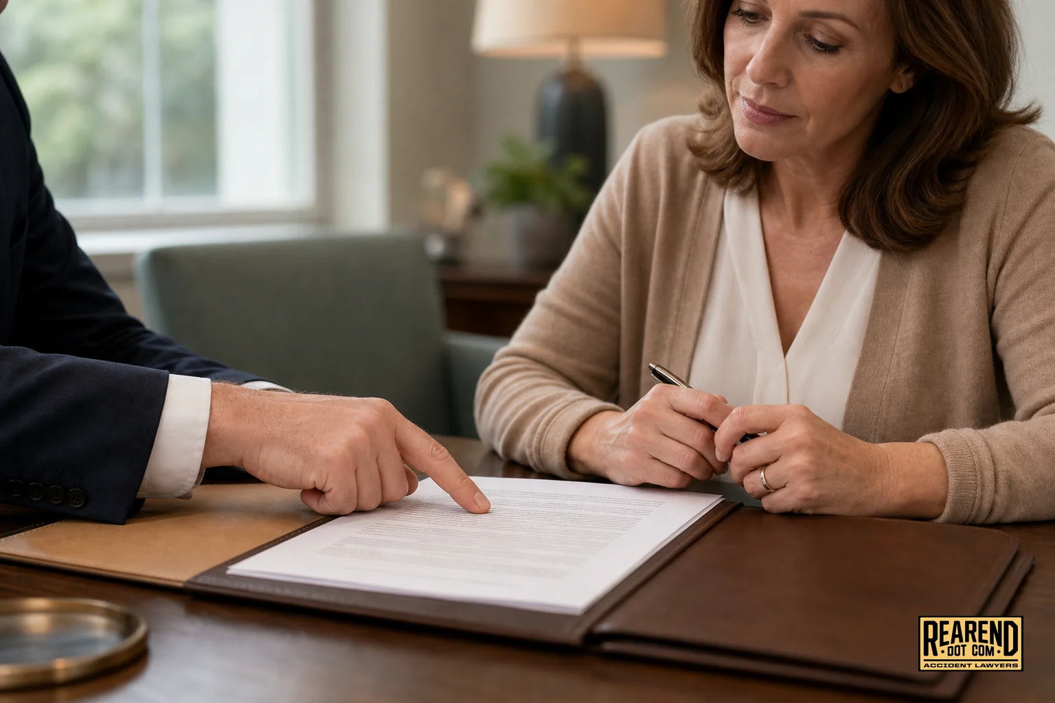 Client and attorney reviewing a contingency fee agreement clause together at a desk