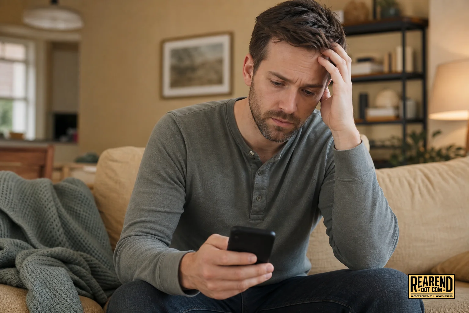 Frustrated rear-end accident victim checking a phone for a returned call from their attorney's office