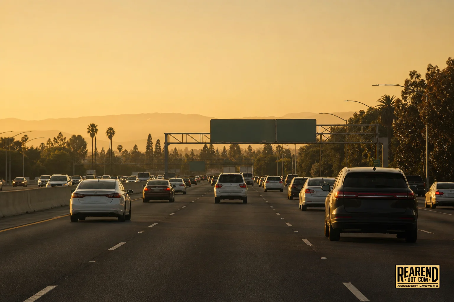 California multi-lane freeway at golden hour representing rear-end accident claims across service areas
