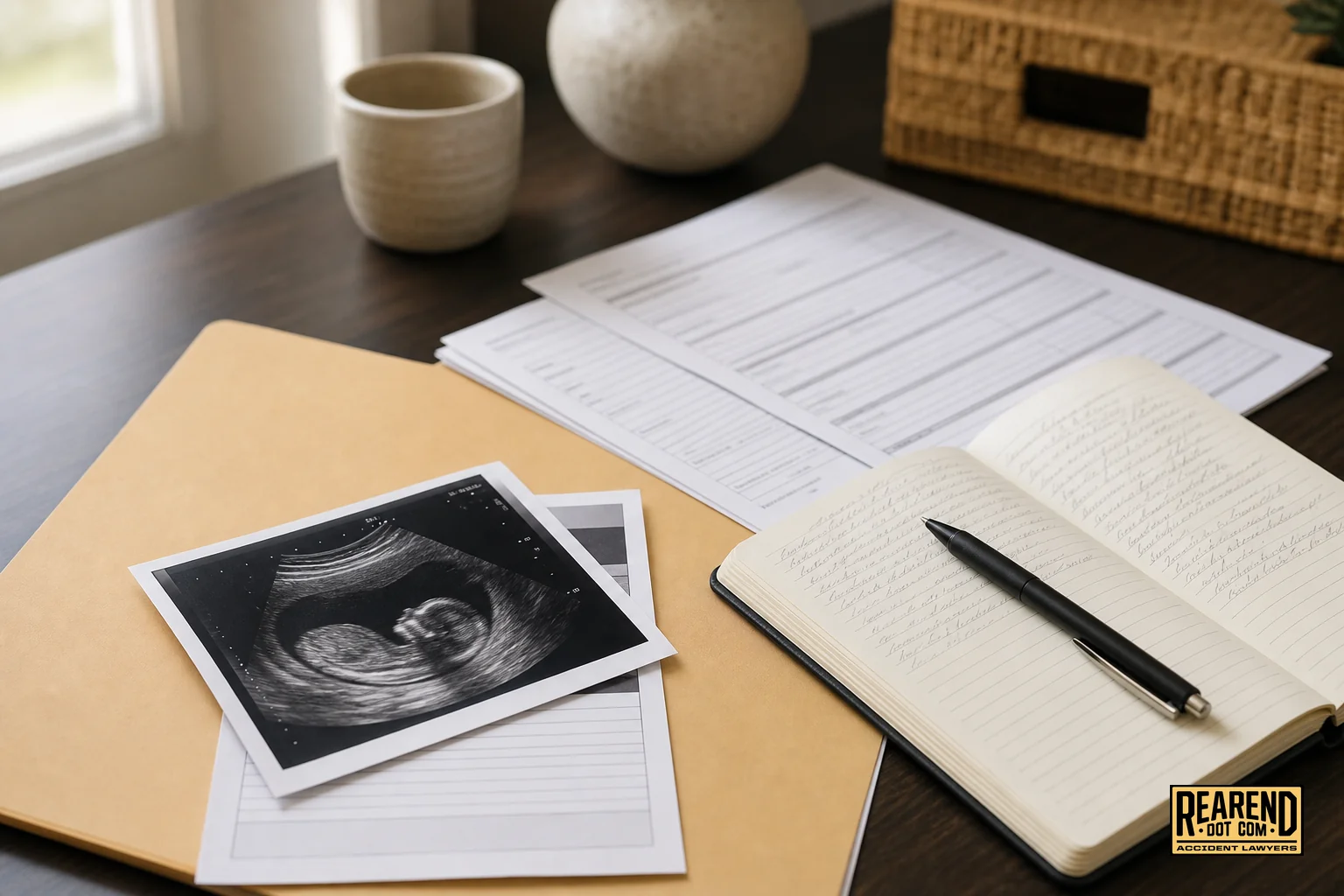 Close-up of medical paperwork, ultrasound printout, and a notebook symbolizing documentation of injuries for a claim. photorealistic photo of a desk scene with an ultrasound printout, medical intake forms, and a handwritten symptom journal