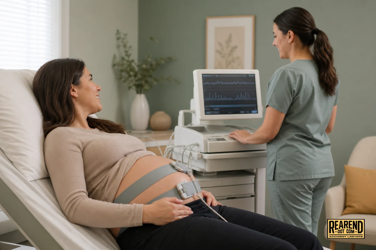 photorealistic photo of a pregnant patient reclining on an exam table in a calm obstetric clinic room, a fetal heart rate monitor belt across her belly, a nurse in soft teal-gray scrubs checking a monitor screen nearby, warm neutral