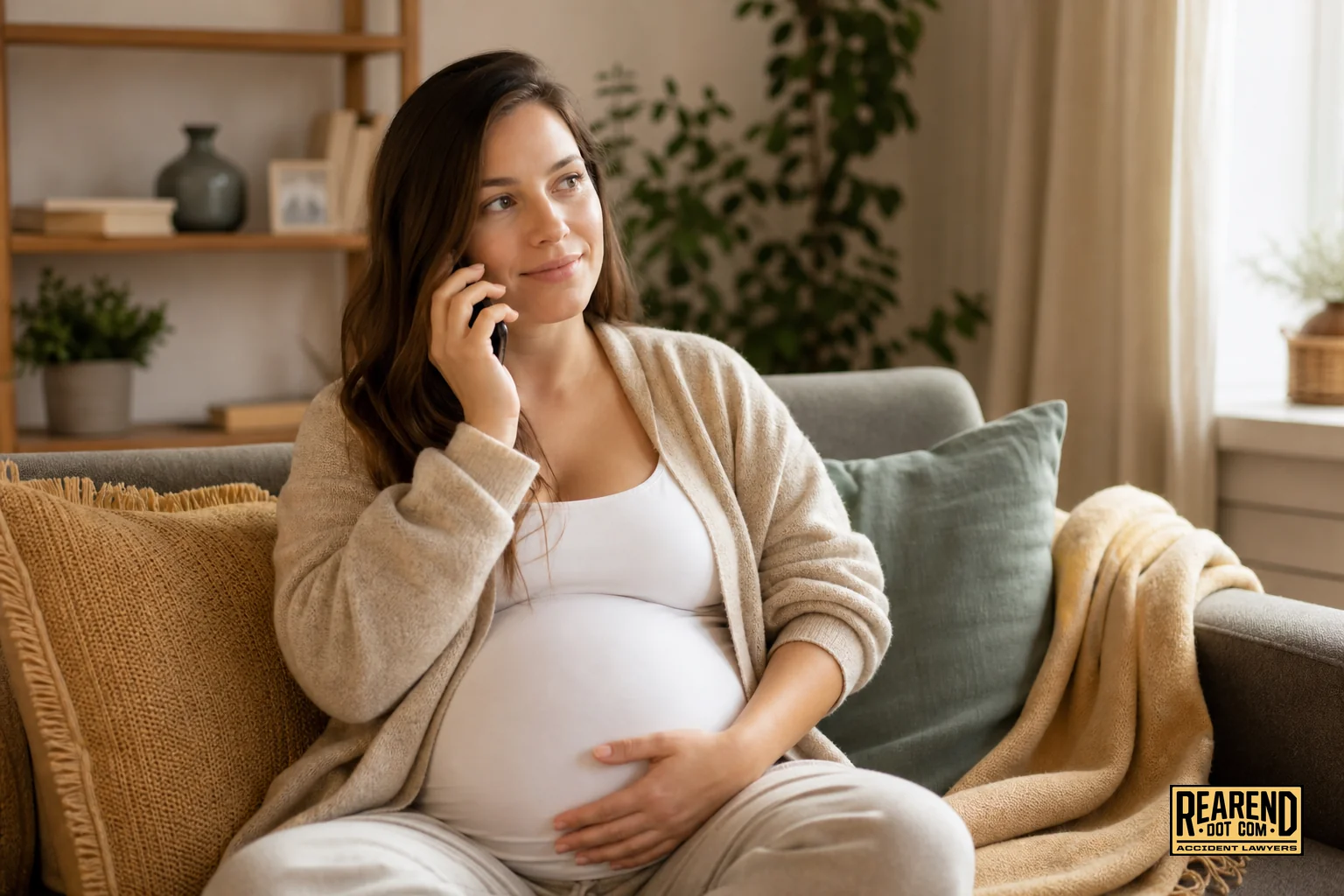 photorealistic photo of a pregnant woman sitting on a couch at home, holding a phone to her ear with a calm, hopeful expression, soft afternoon light through a window, cozy interior with warm tan #e0c08f textiles and muted gray-green