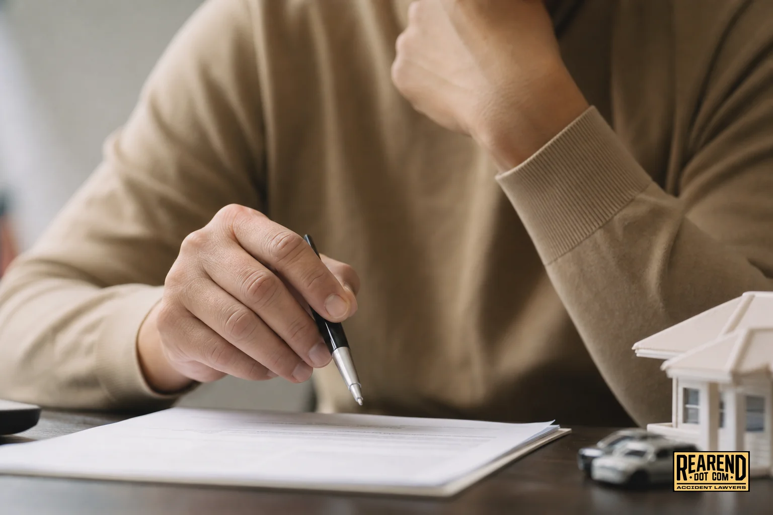 Close-up of a person holding a pen over paperwork, hesitant to sign. photorealistic close-up photo of a person's hand hovering over a printed insurance claim document with a pen, hesitation visible in posture, warm neutral tones with beige
