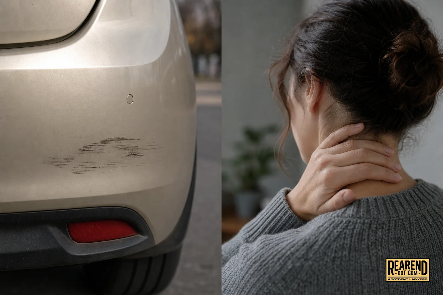 Close-up of a small bumper scuff next to a person holding their neck, showing the contrast between minor visible damage and real physical discomfort. photorealistic split-composition photo showing a close-up of a slightly scuffed car bumper