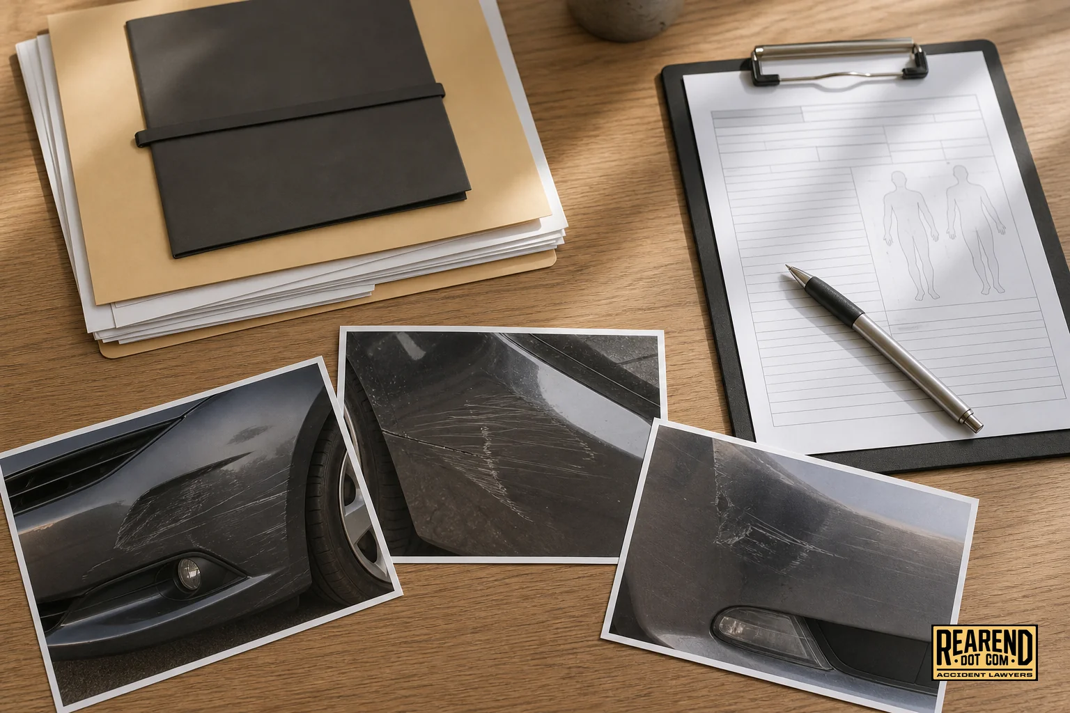 A folder of documents, photos, and medical records organized on a table representing evidence gathering for a claim. photorealistic top-down photo of a wooden desk with an organized stack of documents, printed photographs of a damaged car