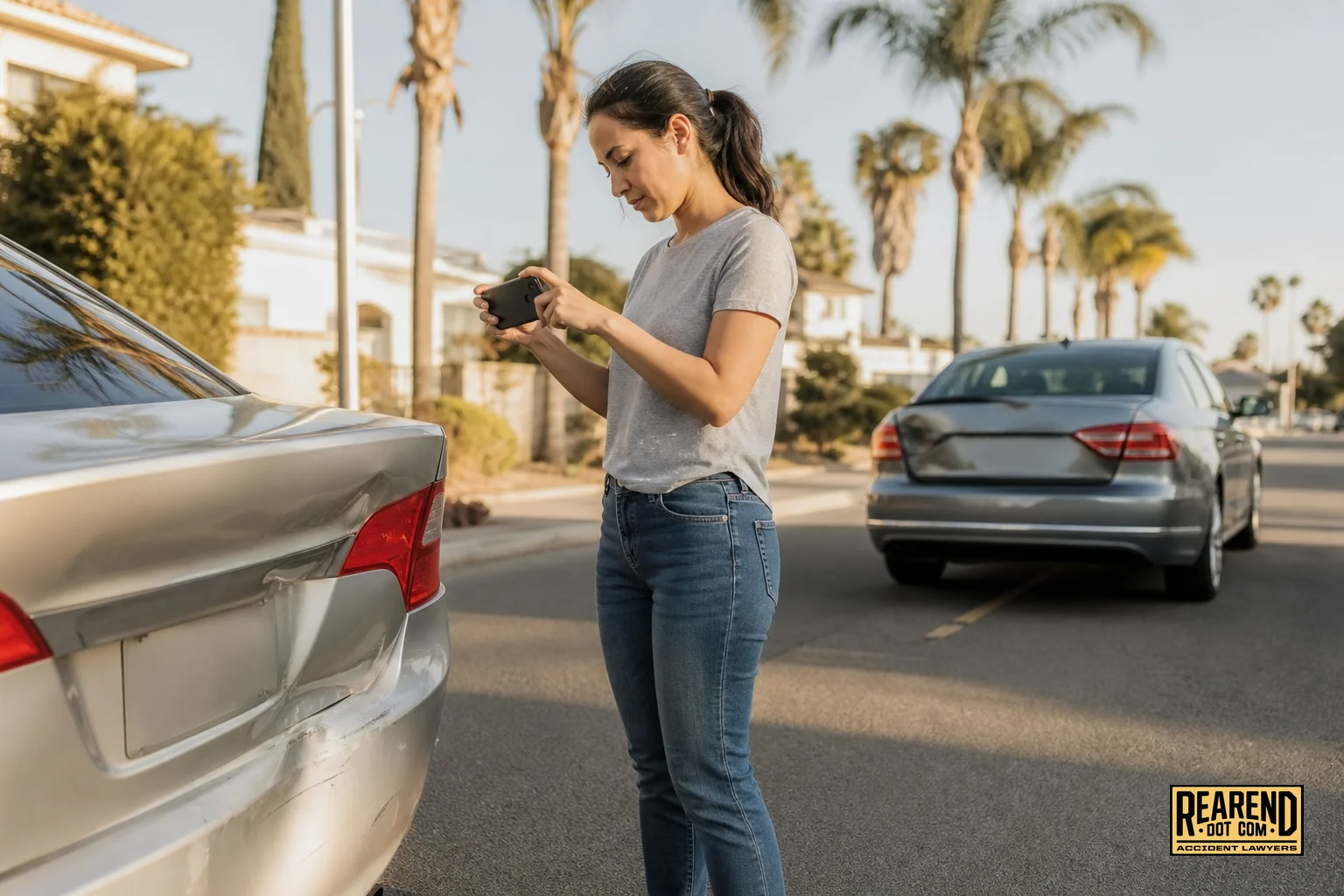 Two vehicles after a minor rear-end collision on a Fresno area road with driver documenting the scene. photorealistic photo of a driver standing beside their car after a rear-end collision on a suburban California road, taking photos of the