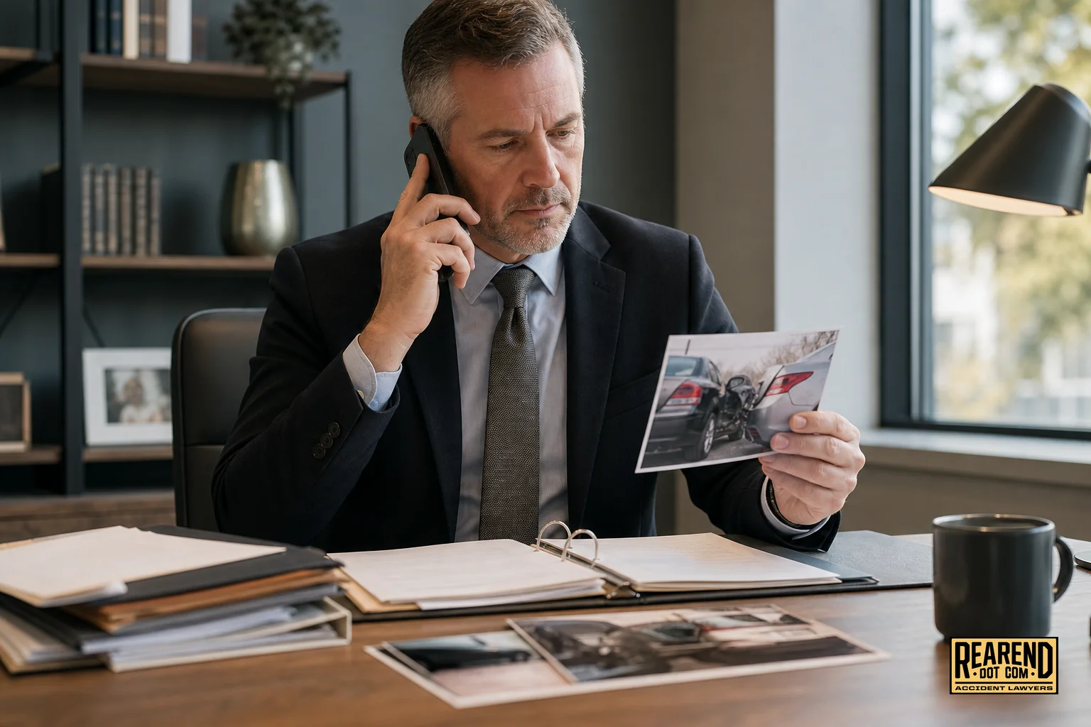 Attorney reviewing a rear-end collision case file and speaking on the phone with a client. photorealistic photo of a professional attorney in a modern office reviewing a car accident case file and photos of a rear-end collision, talking on